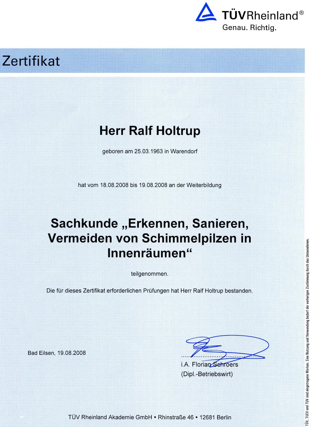 TÜV Zertifikat Sachkunde Schimmelpilze
