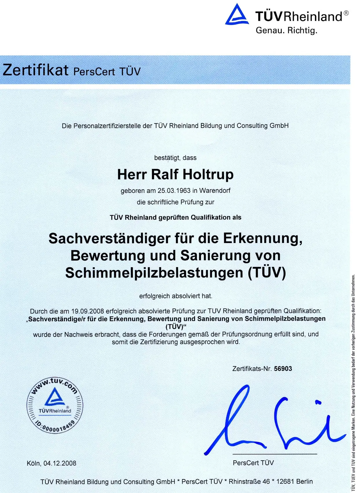 TÜV Zertifikat Sachverständiger Schimmelpilze