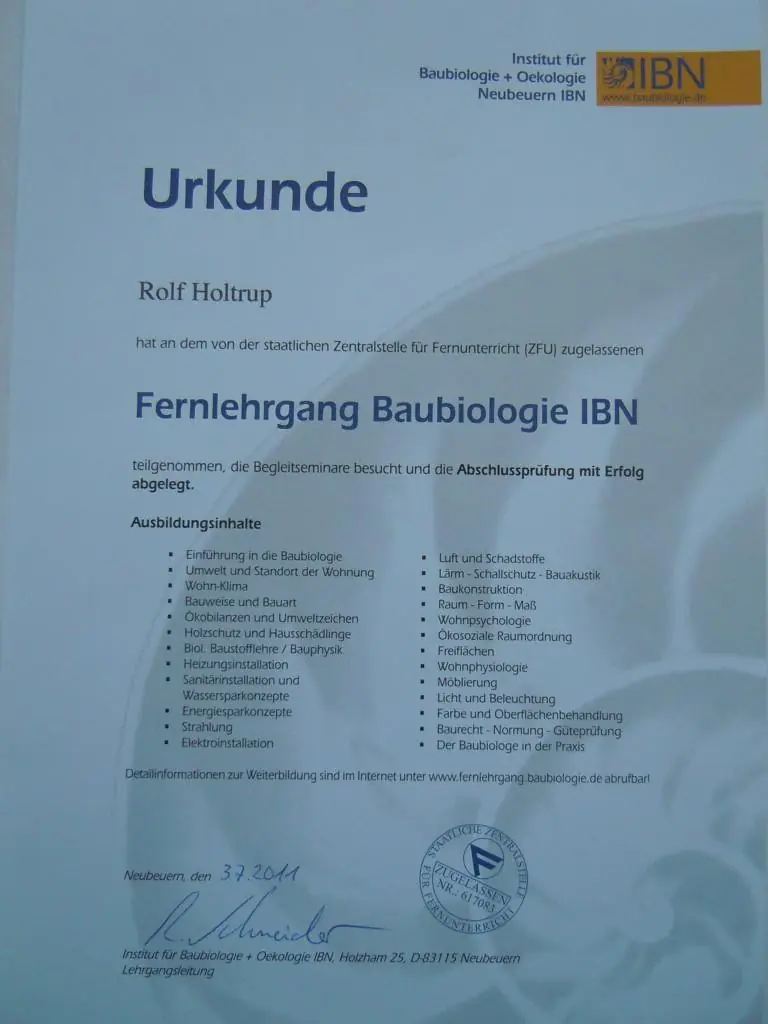 Abschluss Fernlehrgang Baubiologie IBN