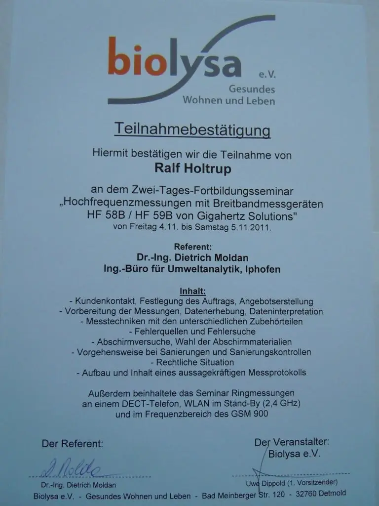 Seminar 2 Tage Hochfrequenzmessung Abschirmung Ringmessungen Dr Moldan