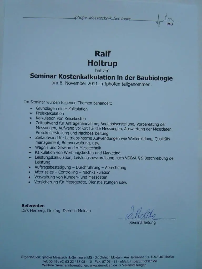 Seminar Kalkulation Baubiologie Dr Moldan