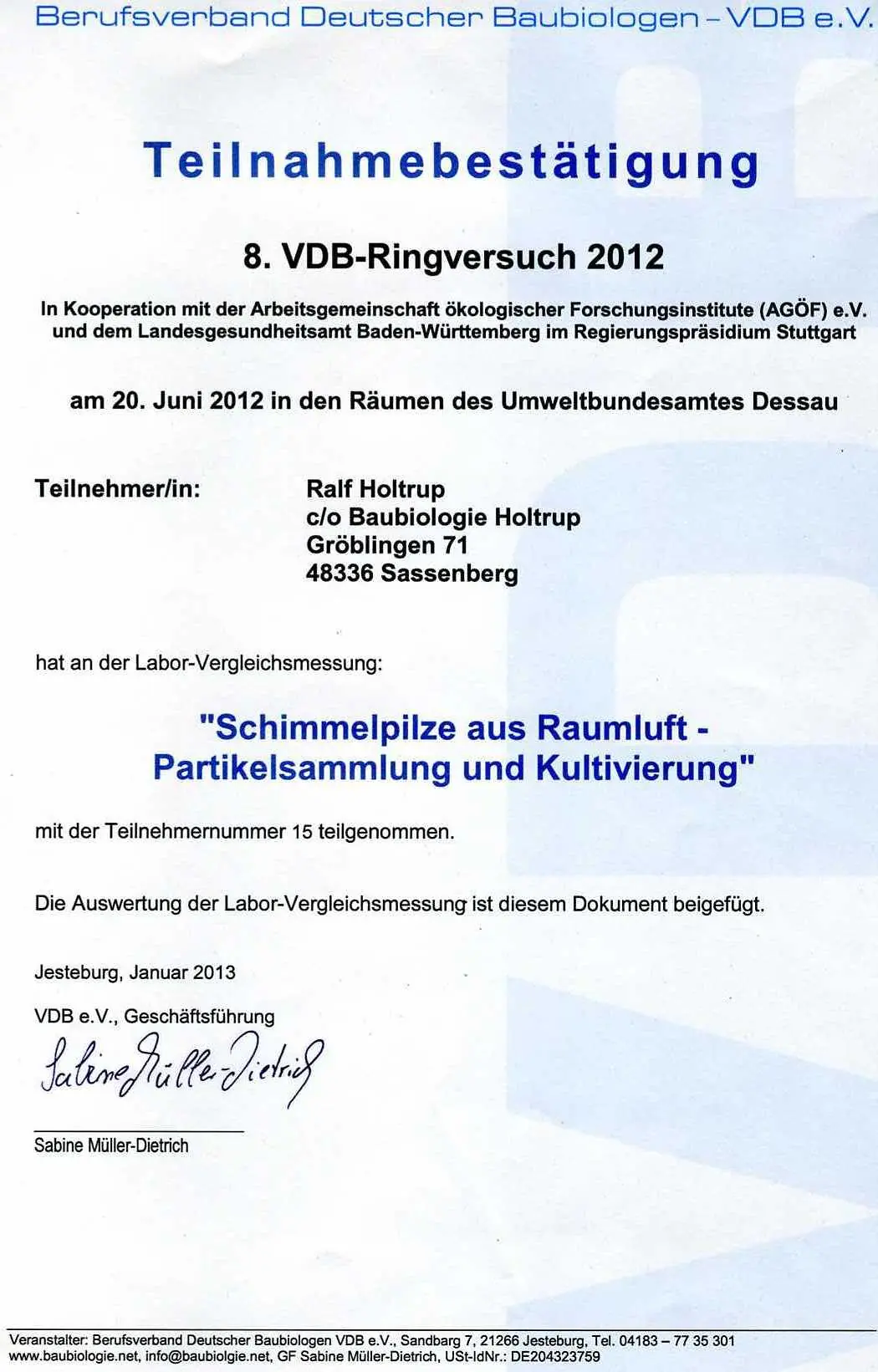 Ringversuch Raumluftmessung Schimmelpilze VDB Umweltbundesamt