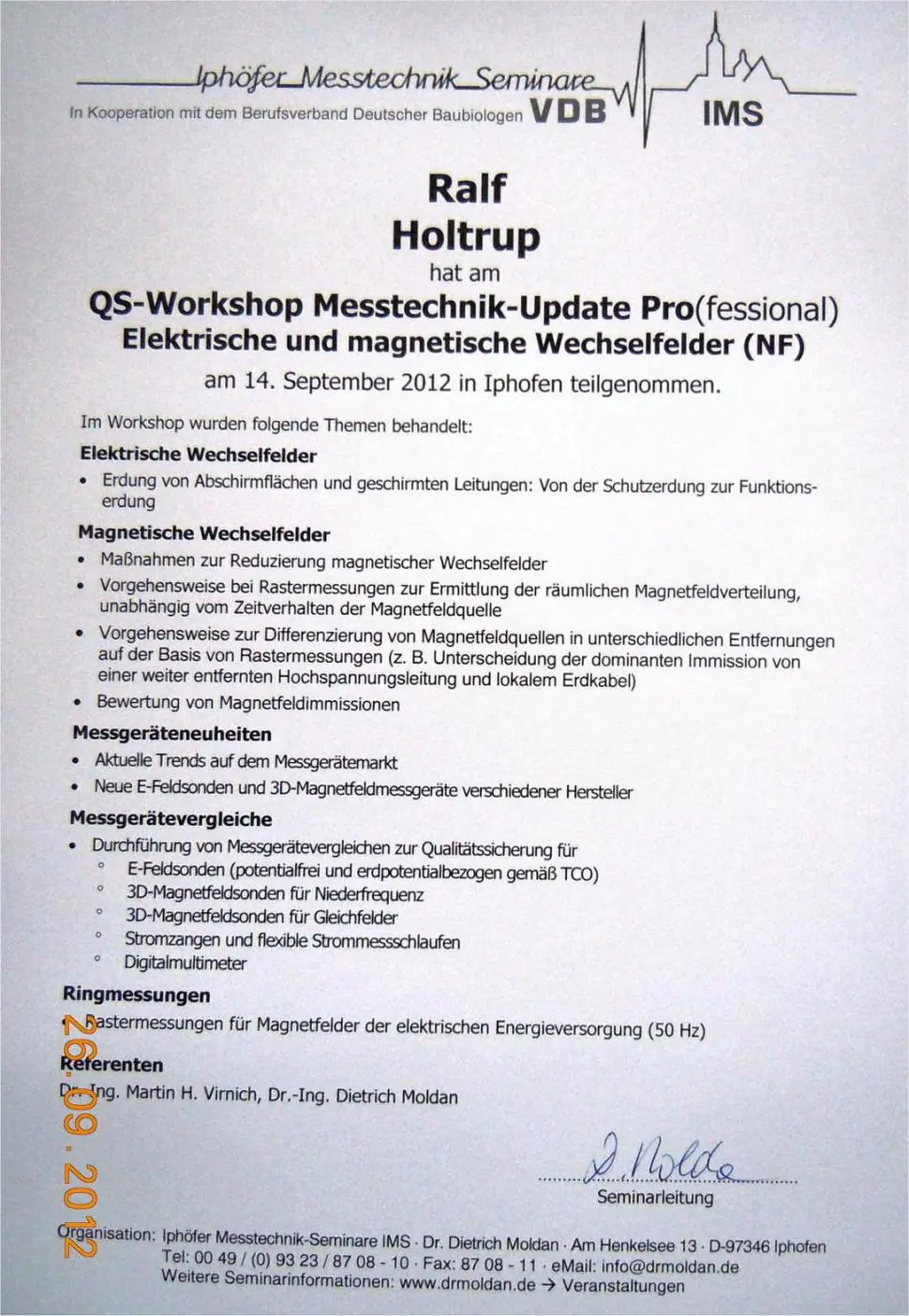 Seminar Messtechnik Elektrische Wechselfelder Bei Dr Moldan VDB