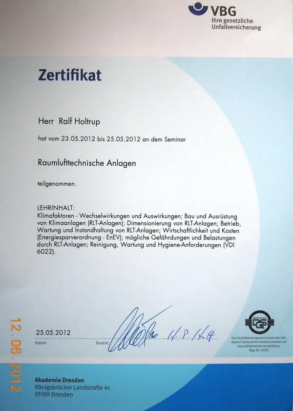 Seminar Raumlufttechnische Anlagen VBG