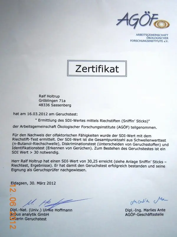 Zertifikat Geruchsprüfung VDB Und AGÖF