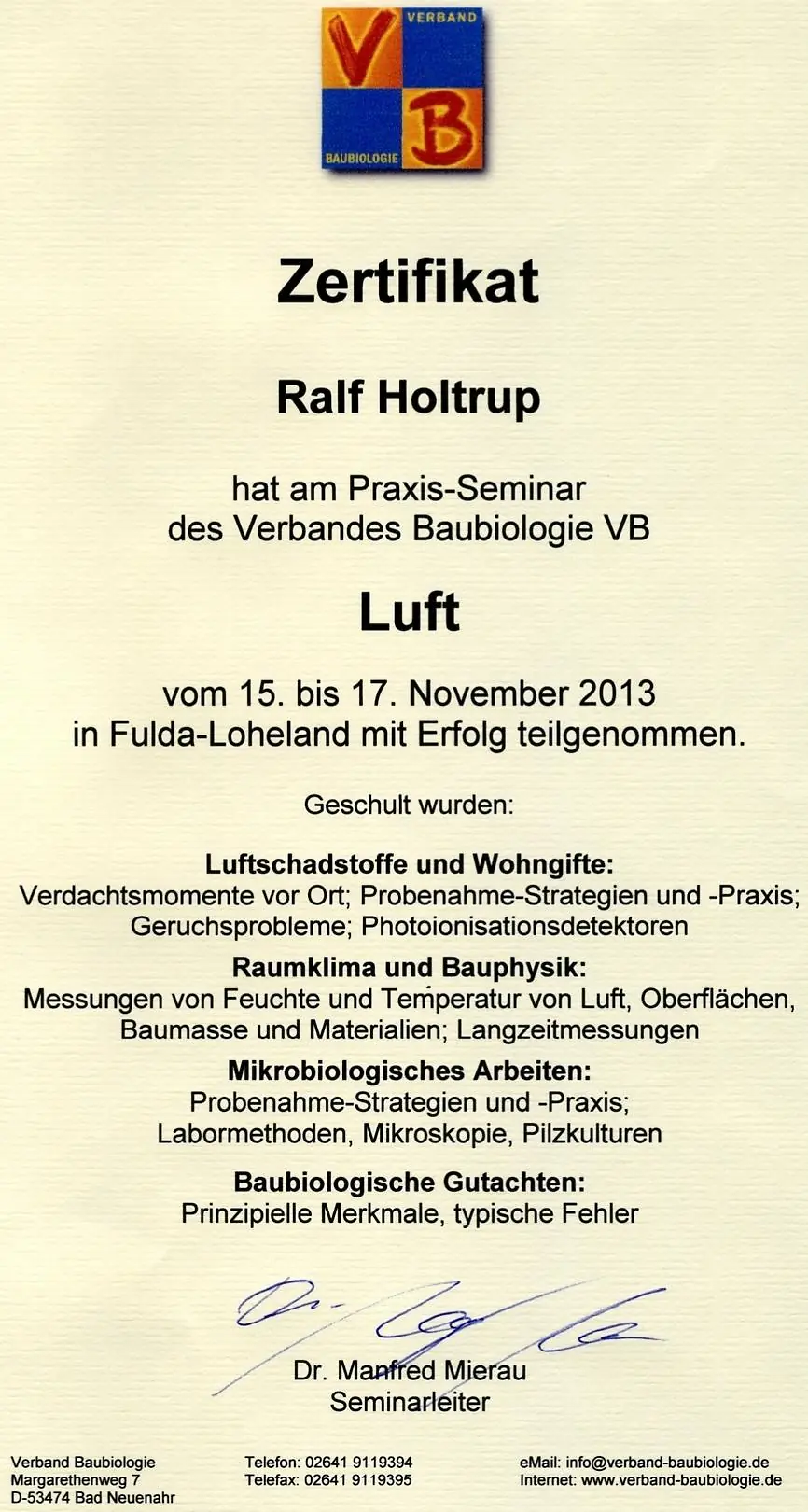Praxisseminar Luftschadstoffe Wohngifte Raumklima Verband Baubiologie