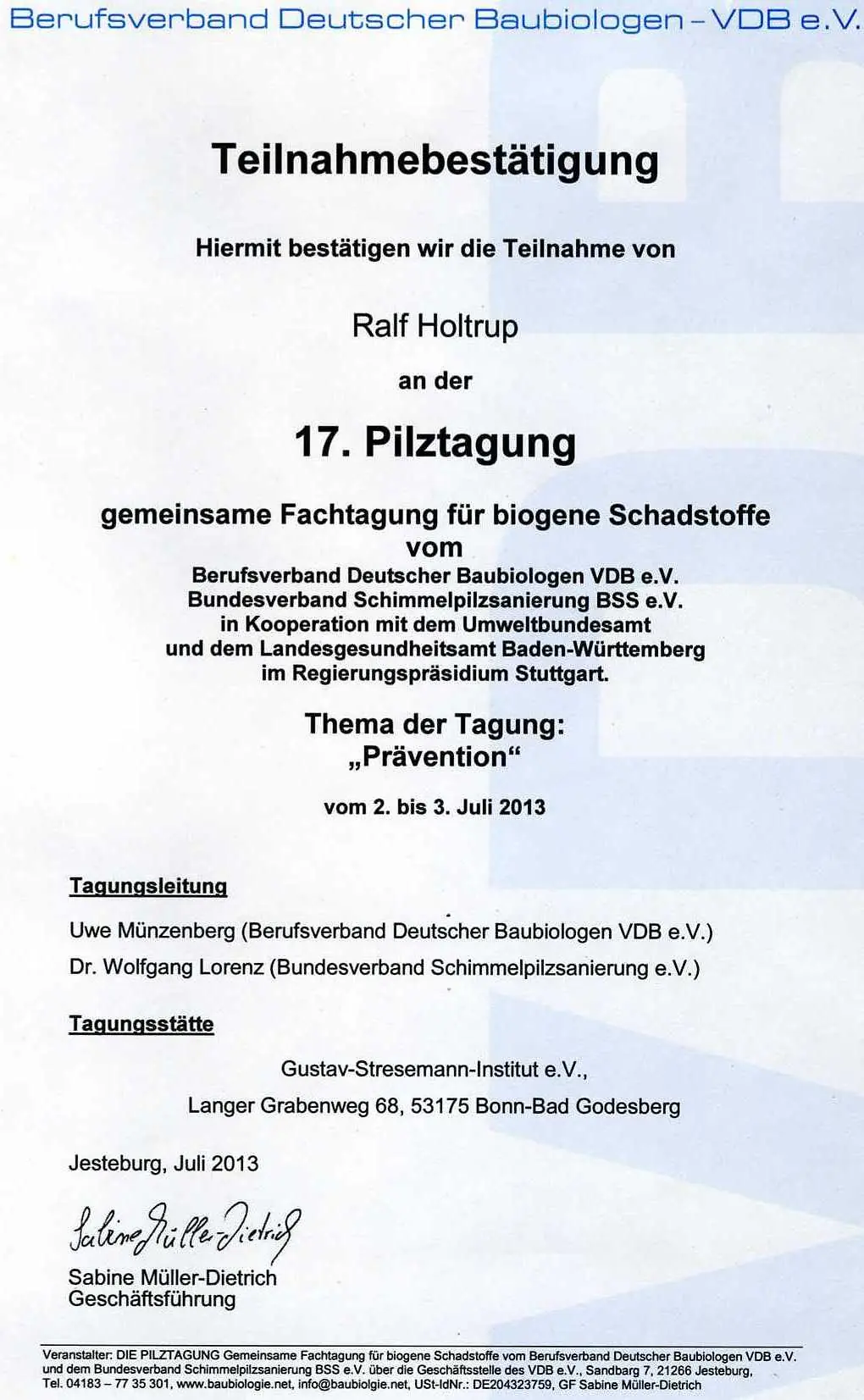 Schimmelpilz Tagung Biogene Schadstoffe VDB BSS