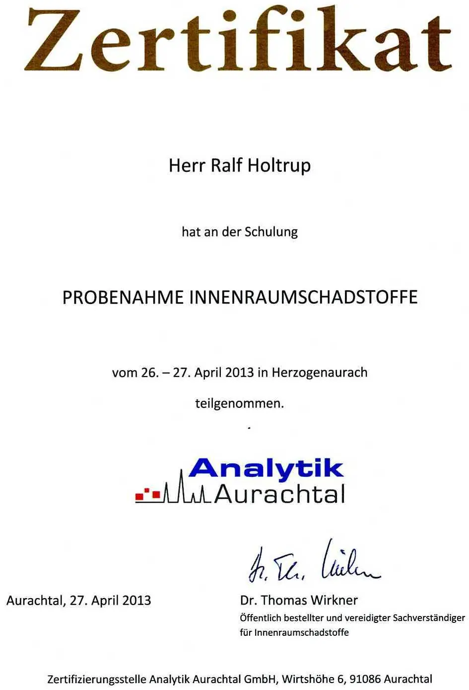 Schulung Probenahme Innenraumschadstoffe Analytik Aurachtal