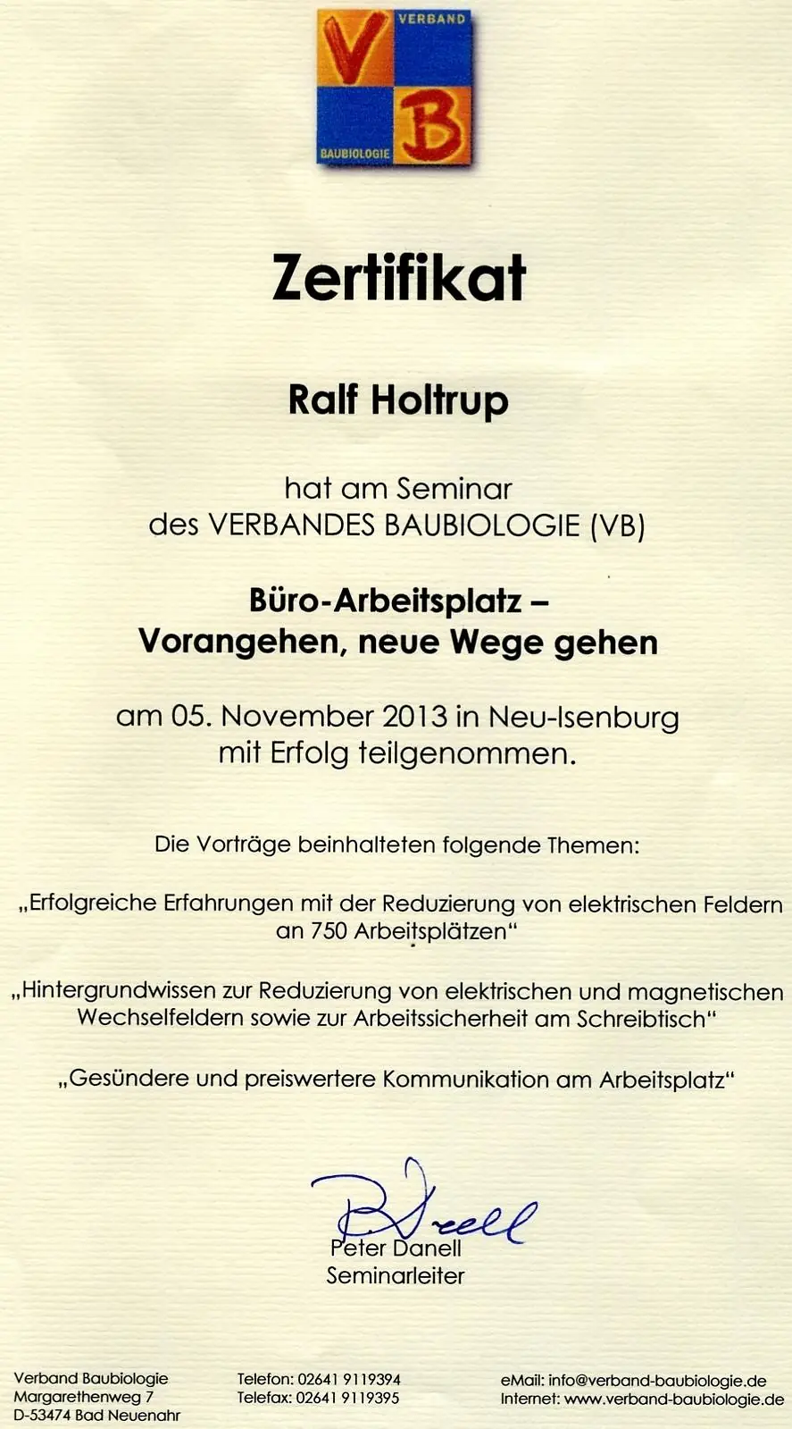 Seminar Arbeitsplatzuntersuchung Elektrosmog Verband Baubiologie