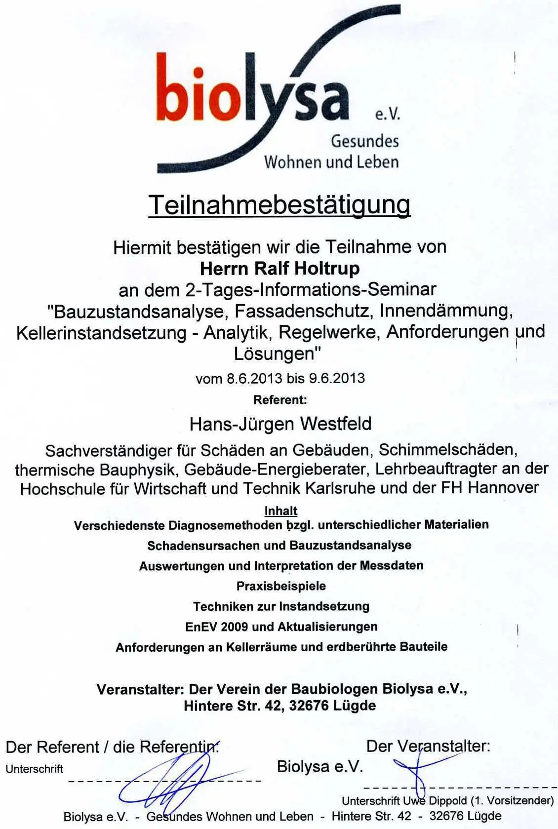 Seminar Bauzustandsanalyse Fassadensch Innendam Kellerabdicht Westfeld