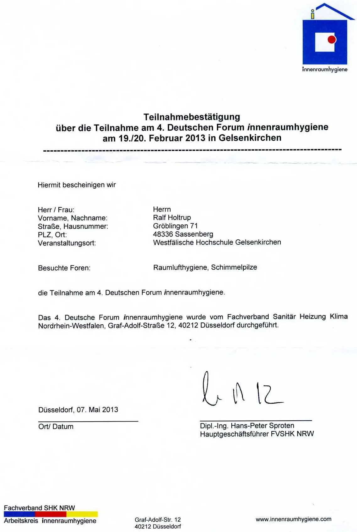 Teilnahme 4 Forum Innenraumhygiene Essen
