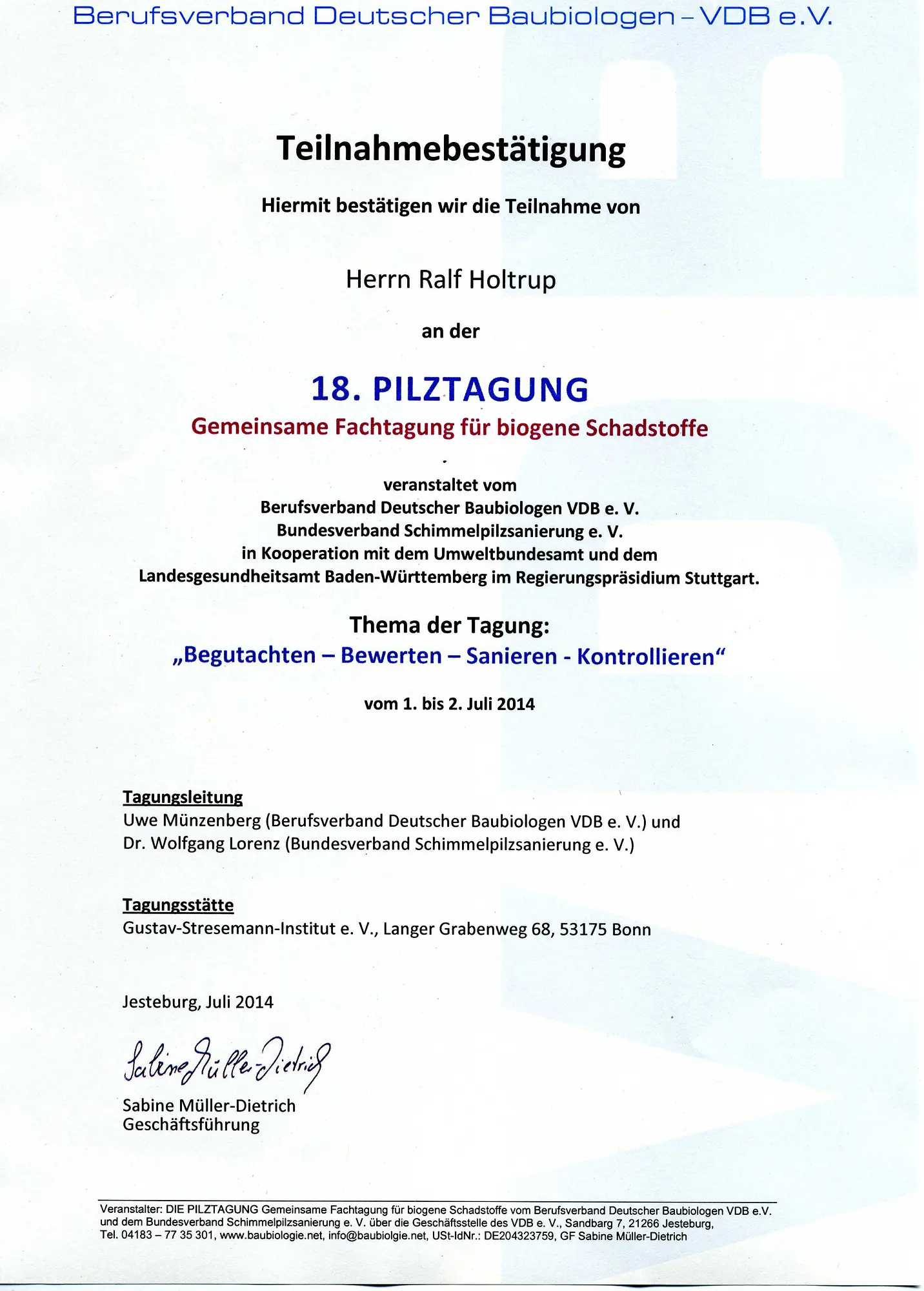 Schimmelpilz Tagung Biogene Schadstoffe VDB