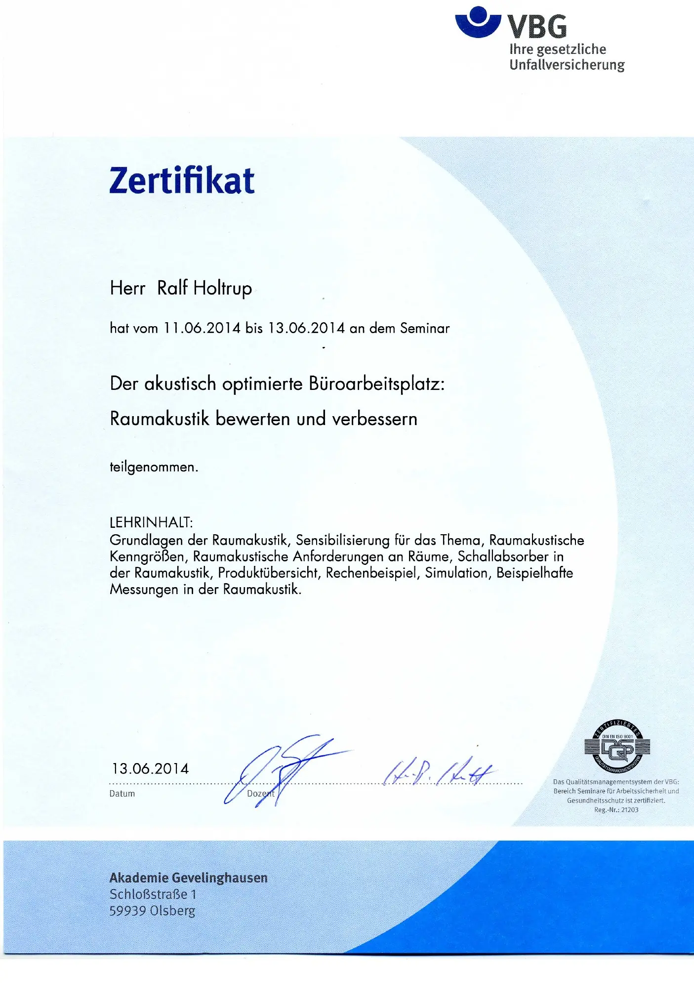 Seminar Büroarbeitsplatz Raumakustik Optimieren VBG