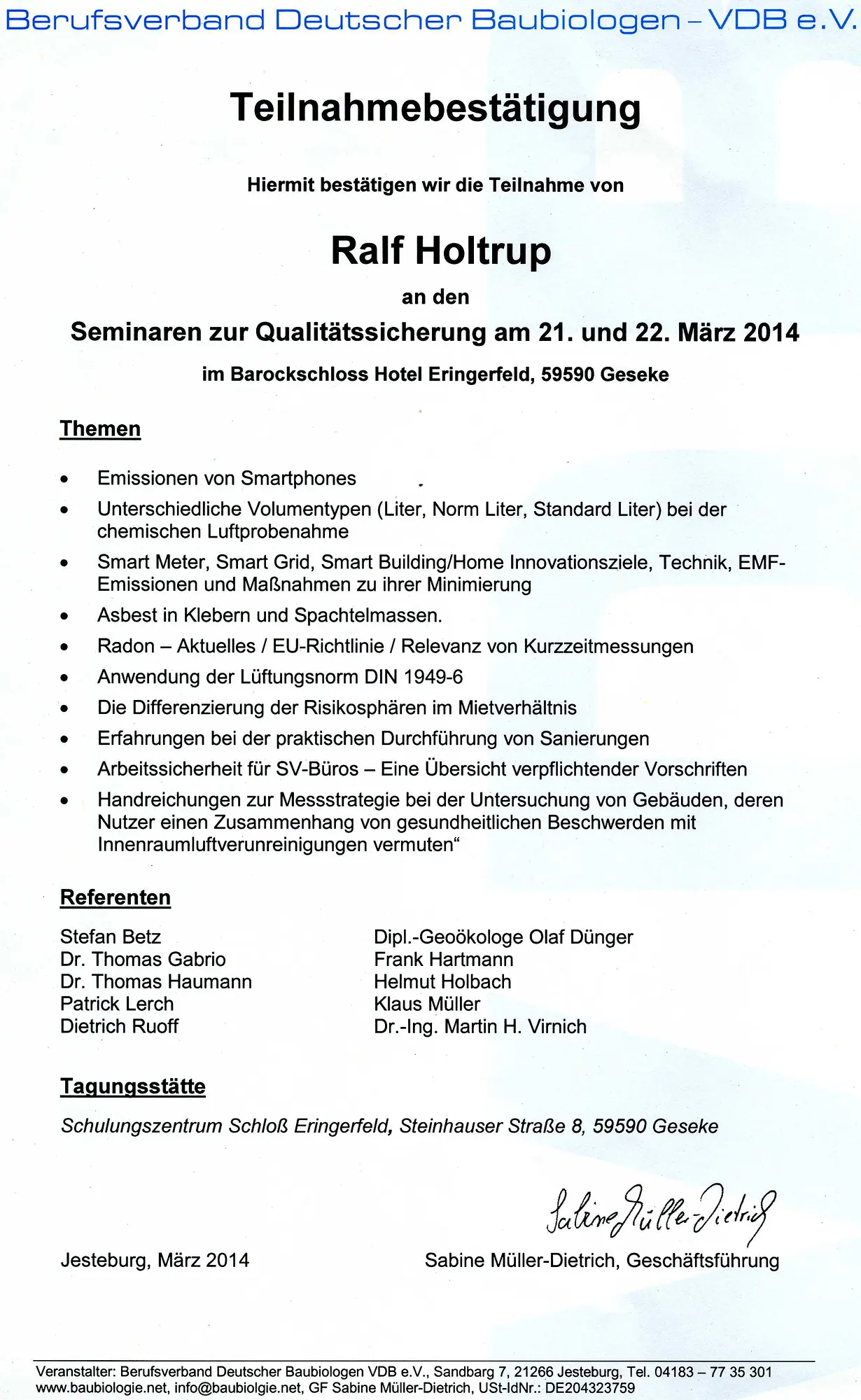 Seminar Qualitätssicherung Baubiologie VDB