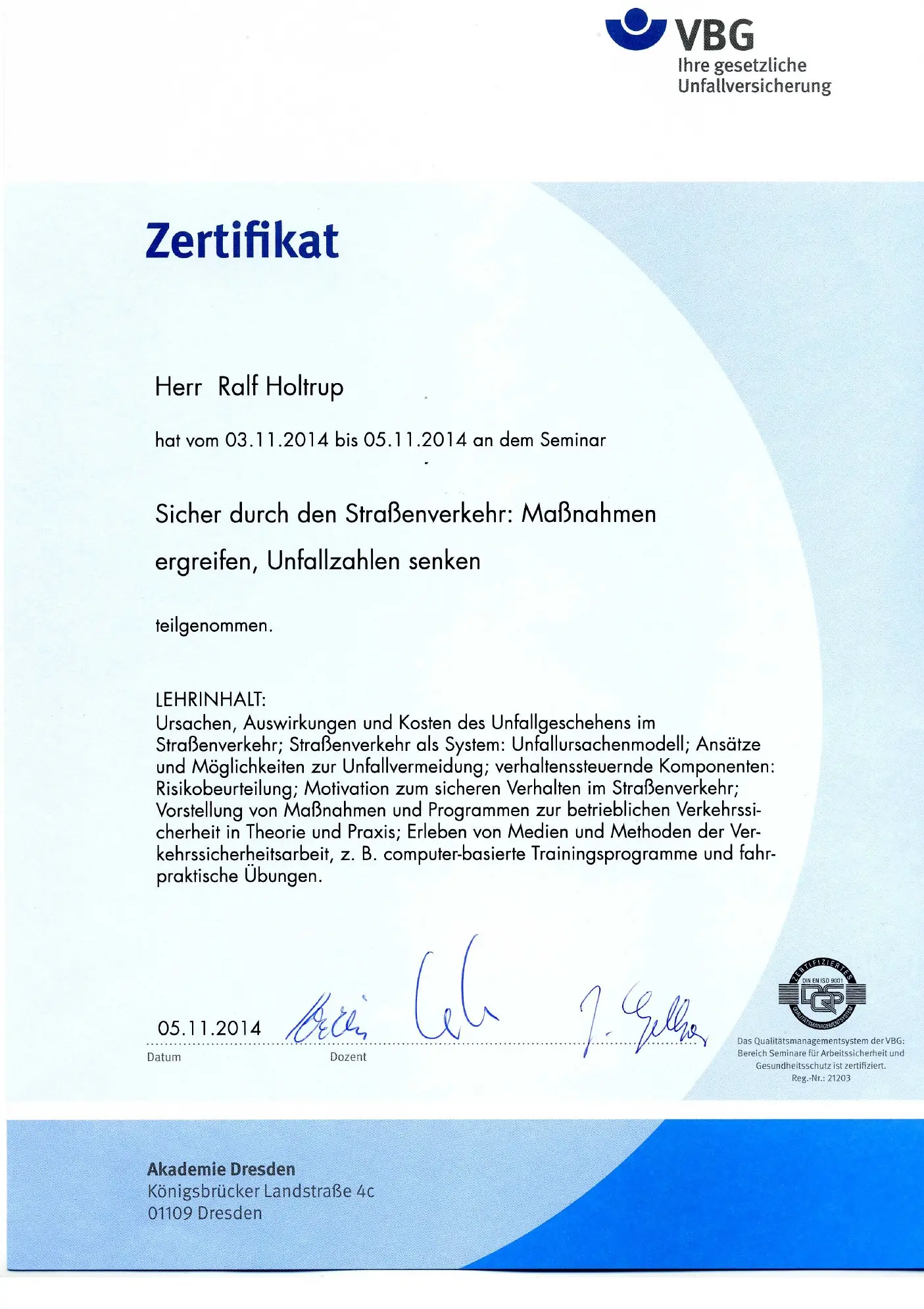 Seminar Verkehrssicherheit VBG