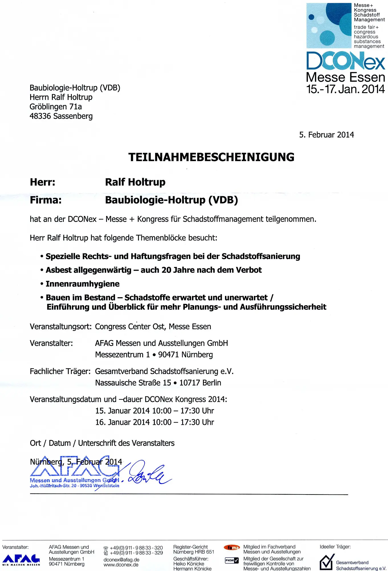 Teilnahme Kongress für Schadstoffmanagement DCONex Essen