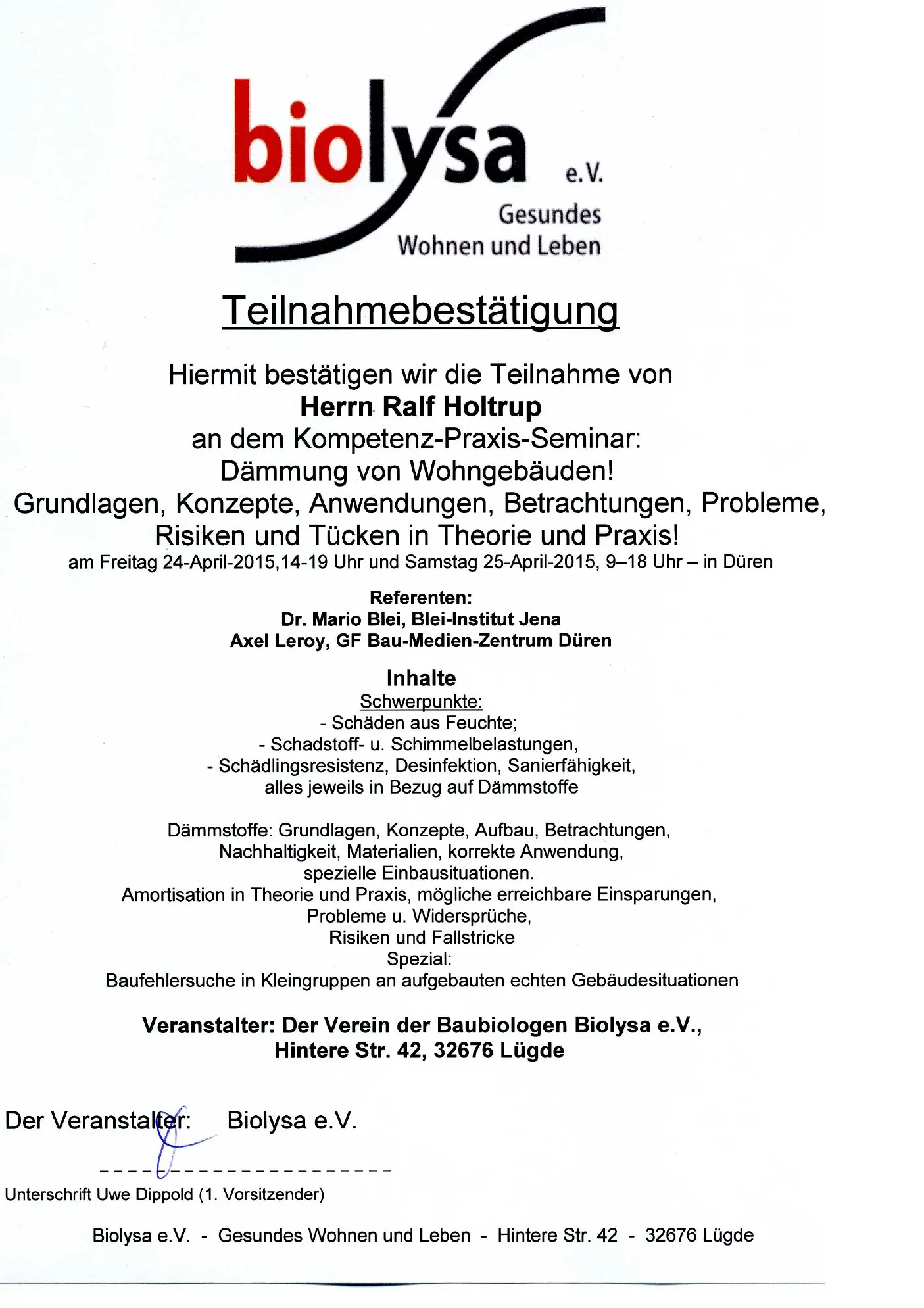 Seminar Dämmung Risiken Betr Feuchte Schimmel Schadstoffe Biolysa Seminar
