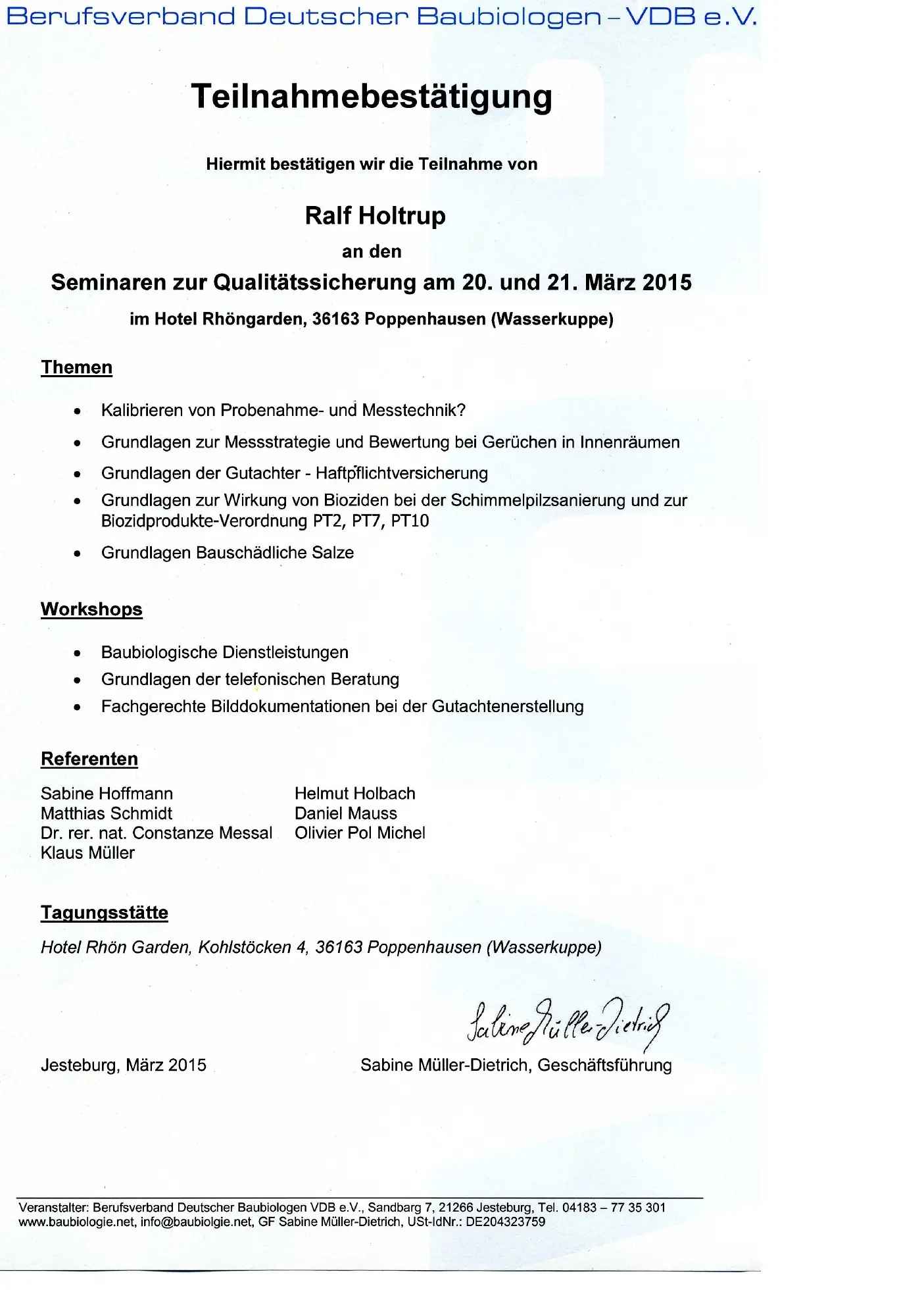 Seminar Qualitätssicherung Baubiologie VDB