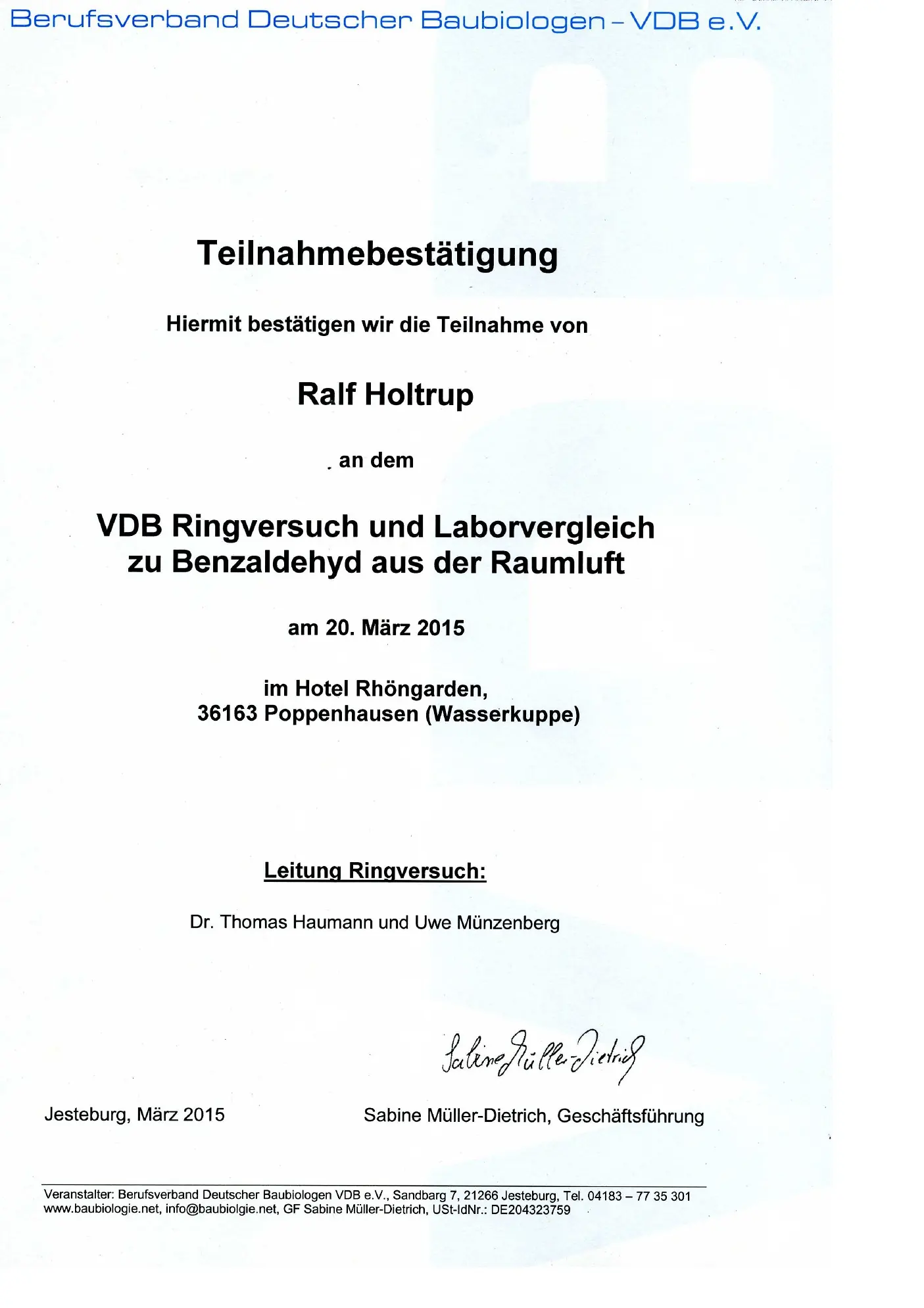 Teilnahme Ringversuch Raumluftmessung Schadstoffe VDB