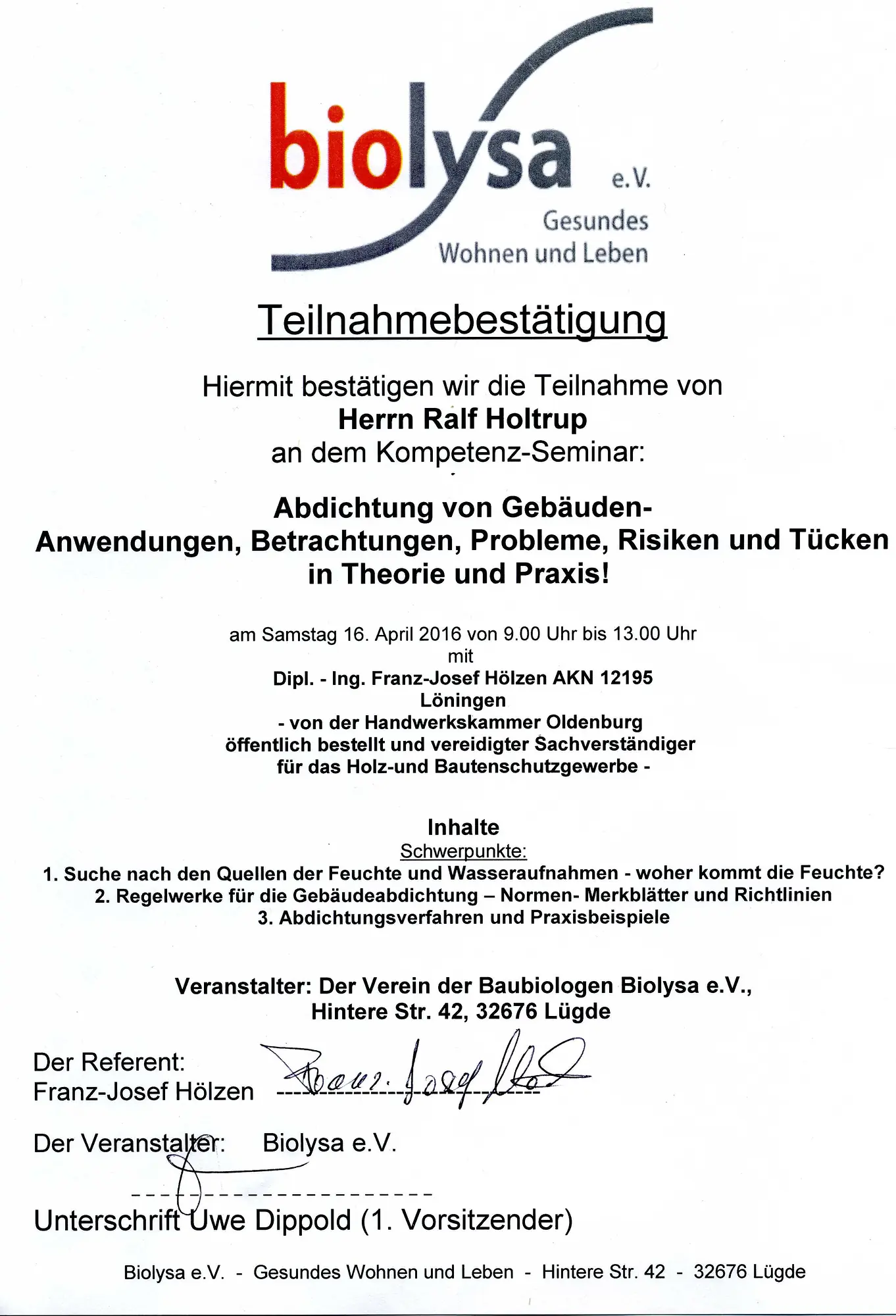 Seminar Abdichtung Von Gebaeude In Theorie Und Praxis Hoelzen Biolysa