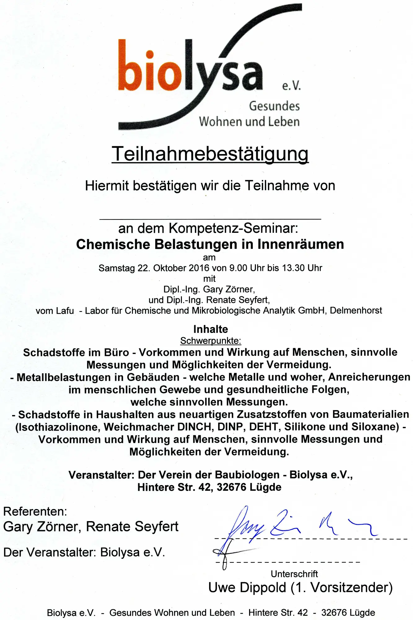 Seminar Chemische Schadstoffbelastungen In Innenraeumen Gary Zoerner Biolysa