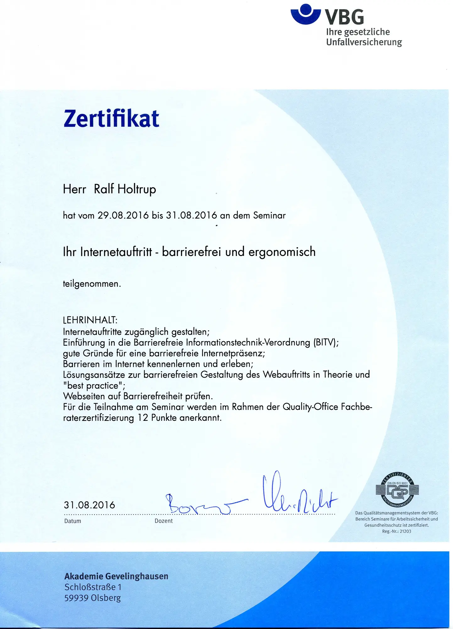 Seminar Internetauftritt Barrierefrei Und Ergonomisch VBG