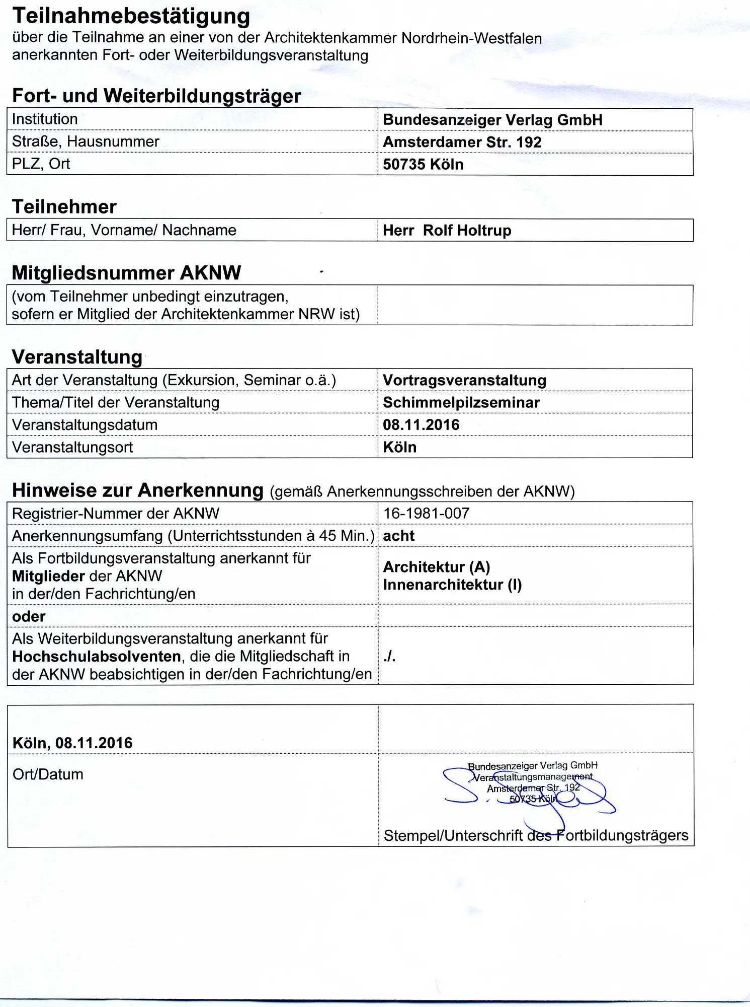 Seminar Schimmelpilze Gutachten Recht Bundesanzeiger Verlag Koeln