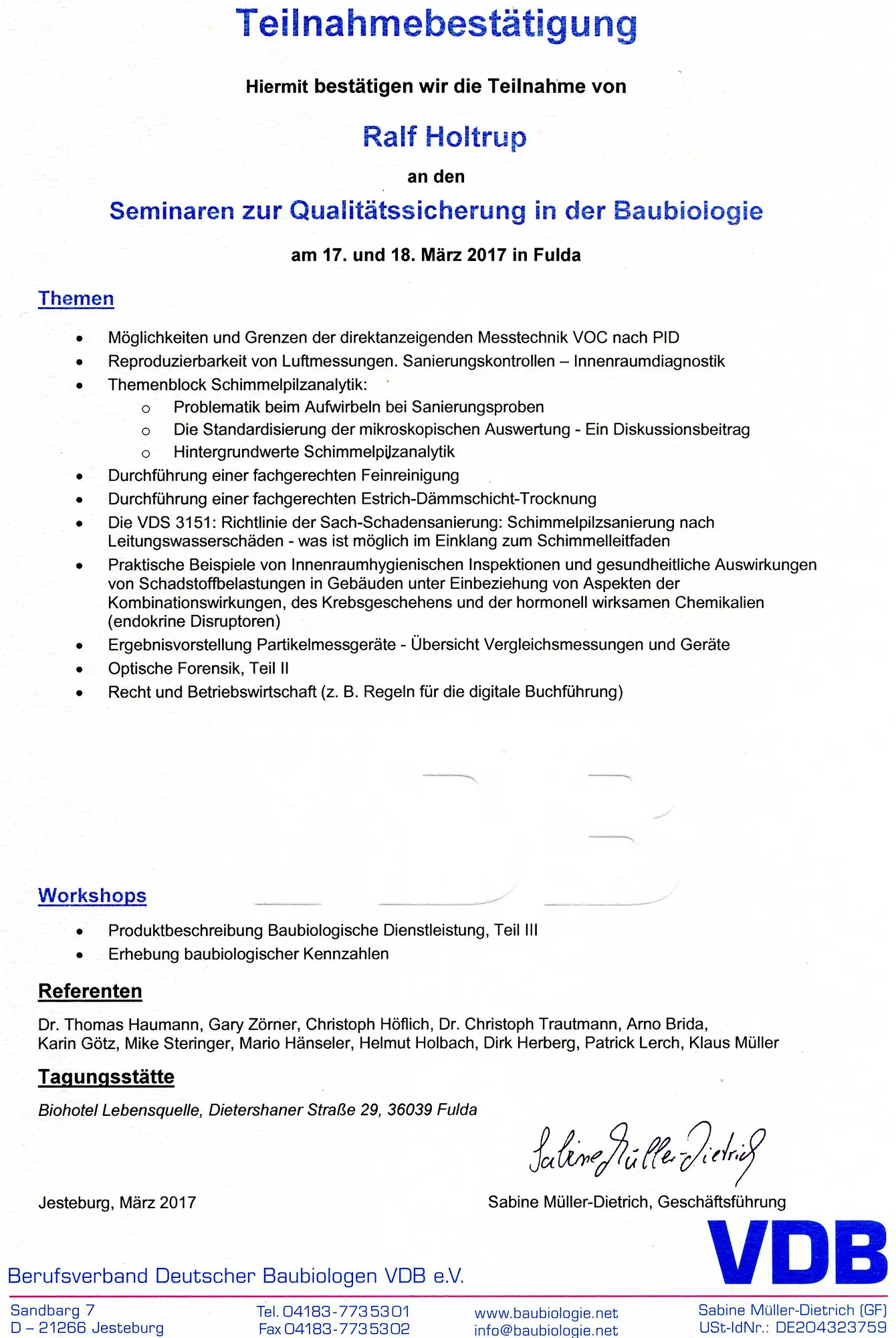 Seminar Qualitätssicherung Baubiologie VDB