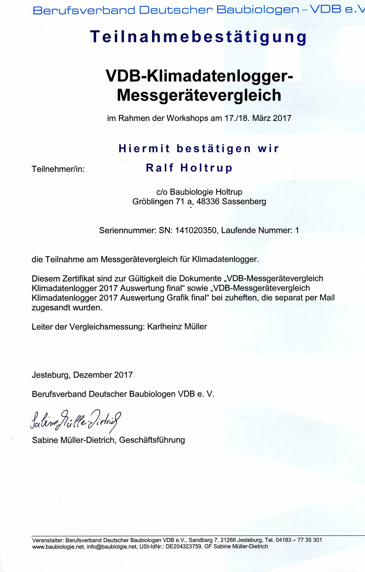 Teilnahme Klimadatenlogger Messgeraetevergleich VDB
