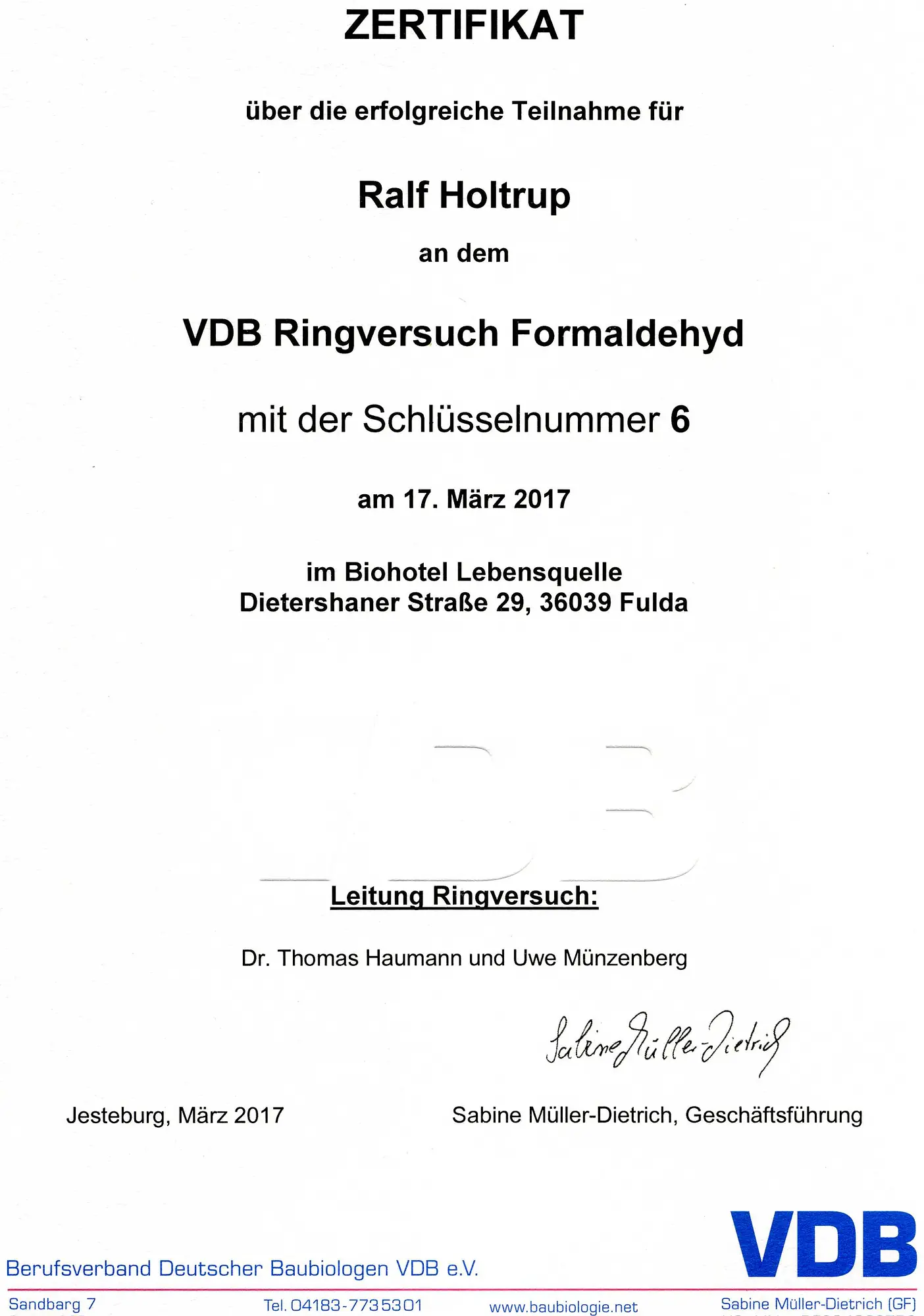 Teilnahme Ringversuch Raumluftmessung Formaldehyd VDB