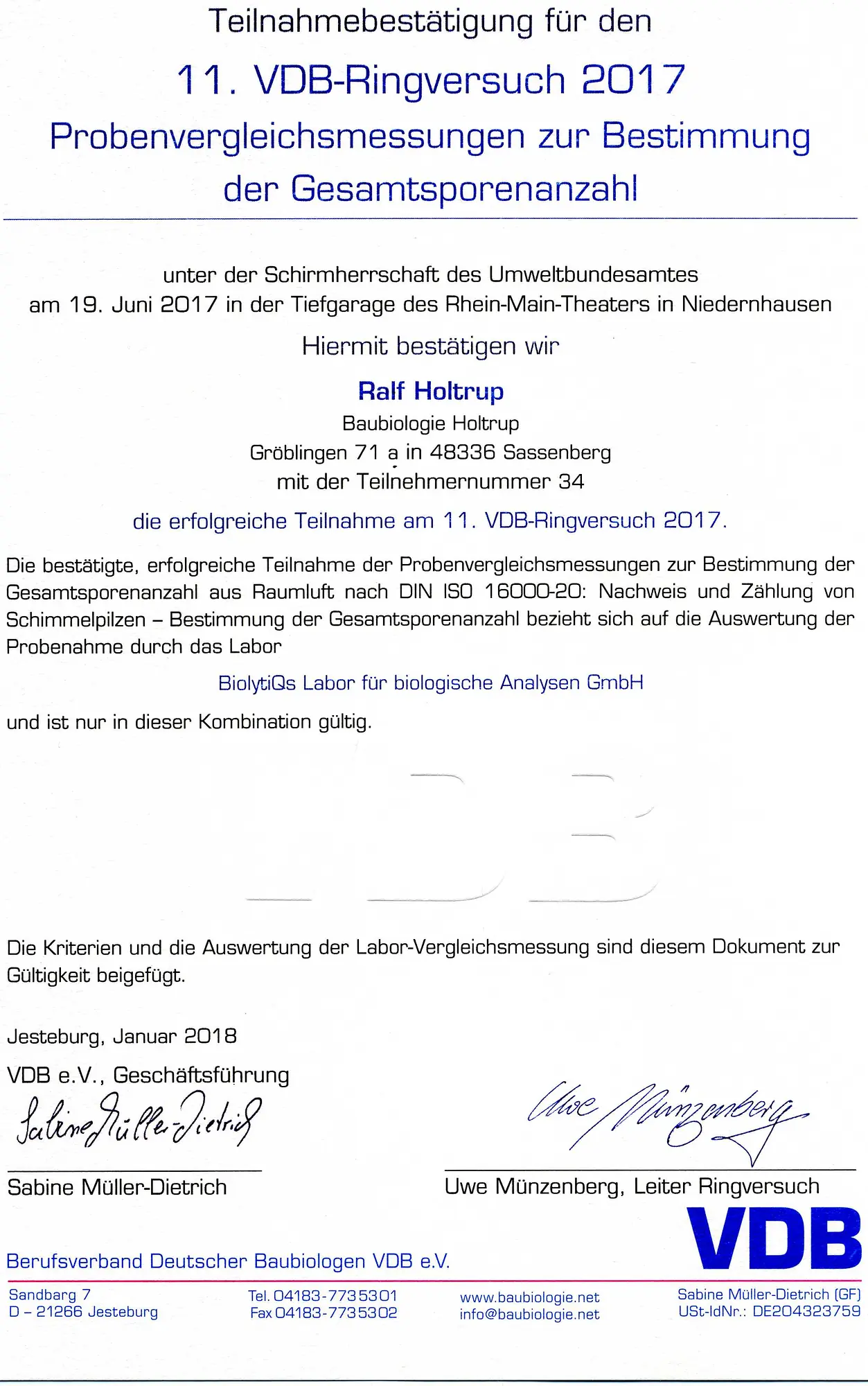 Teilnahme Ringversuch Raumluftmessung Schimmelpilze VDB