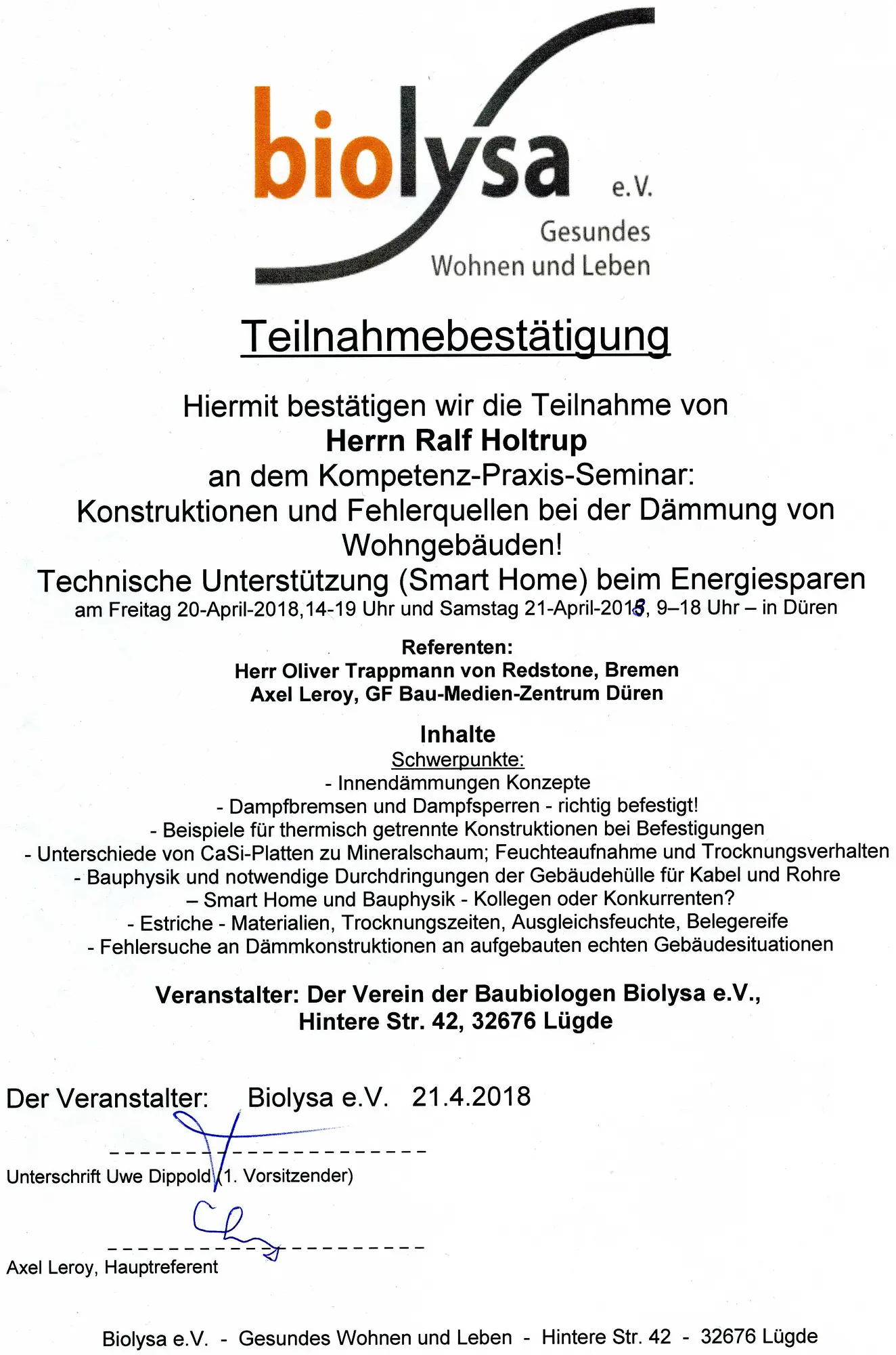 Seminar Bauphysik Dämmung Fehlerquellen Biolysa