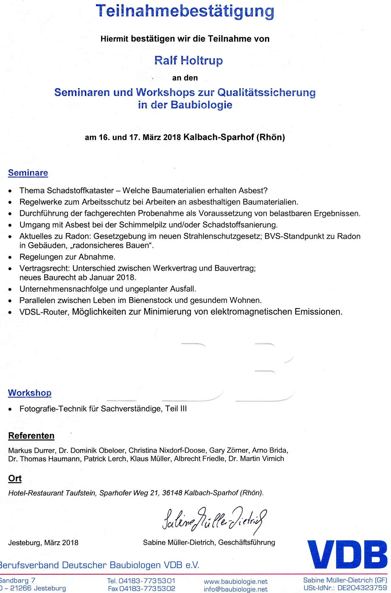 Seminar Qualitätssicherung Baubiologie VDB