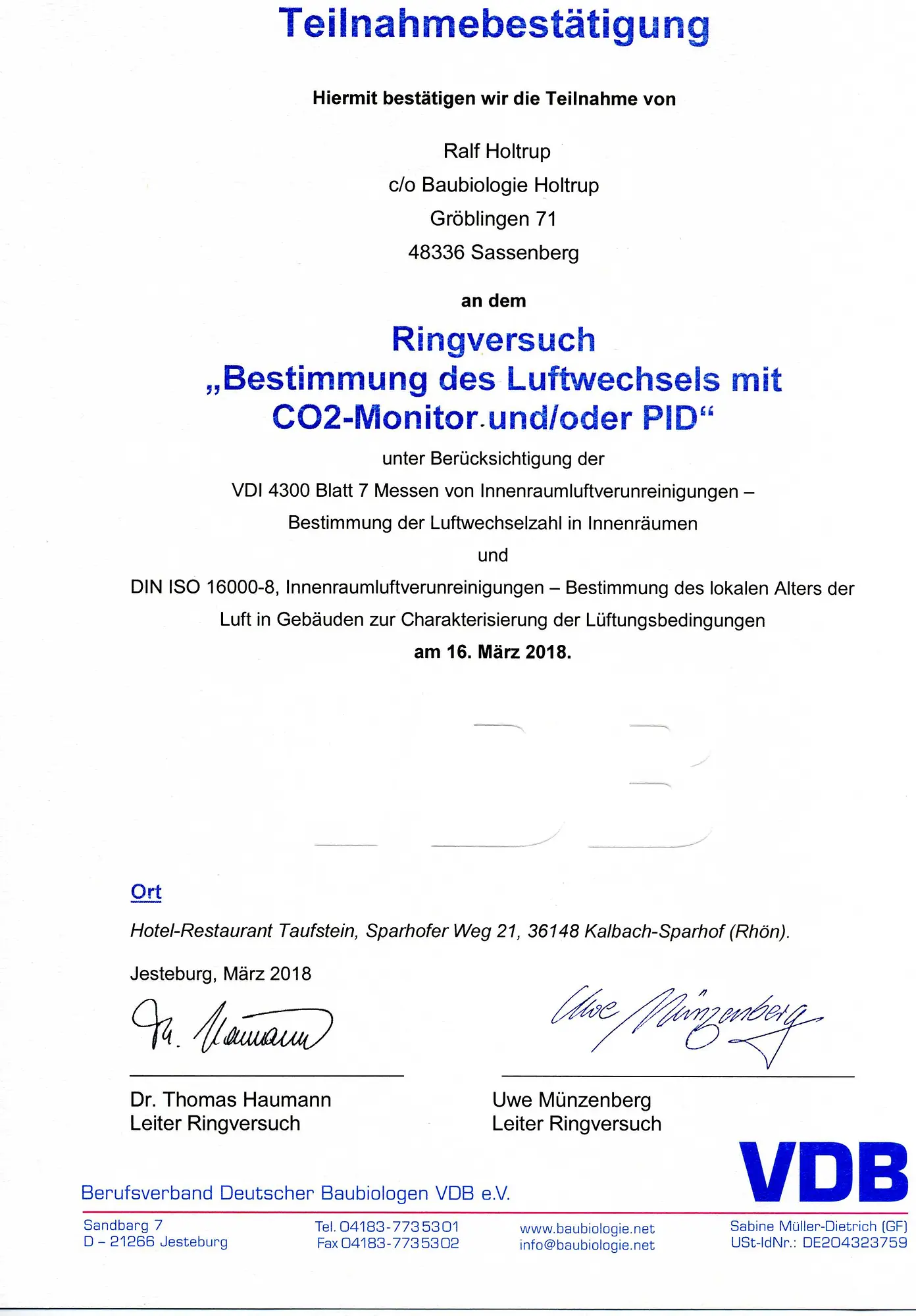 Teilnahme Ringversuch Luftwechselbestimmung Mit CO₂ Monitor VDB