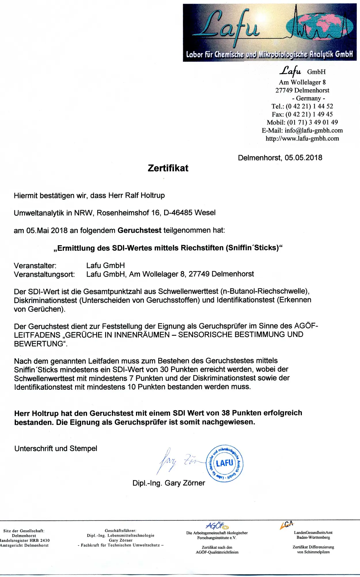 Zertifikat Geruchsprüfer LAFU
