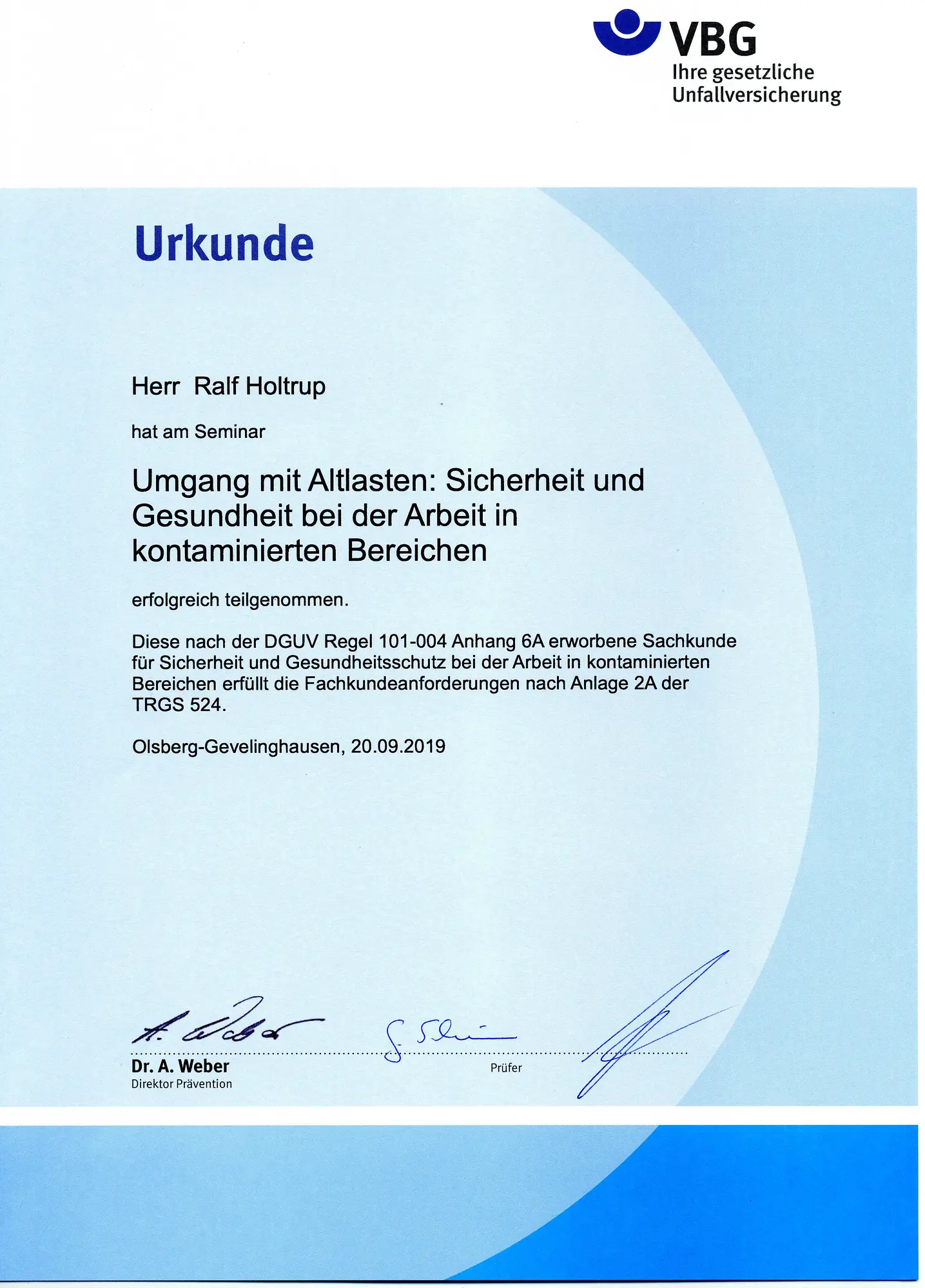 Sachkundelehrgang Umgang Mit Schadstoffen Altlasten TRGS524 Urkunde 5 Tage VBG