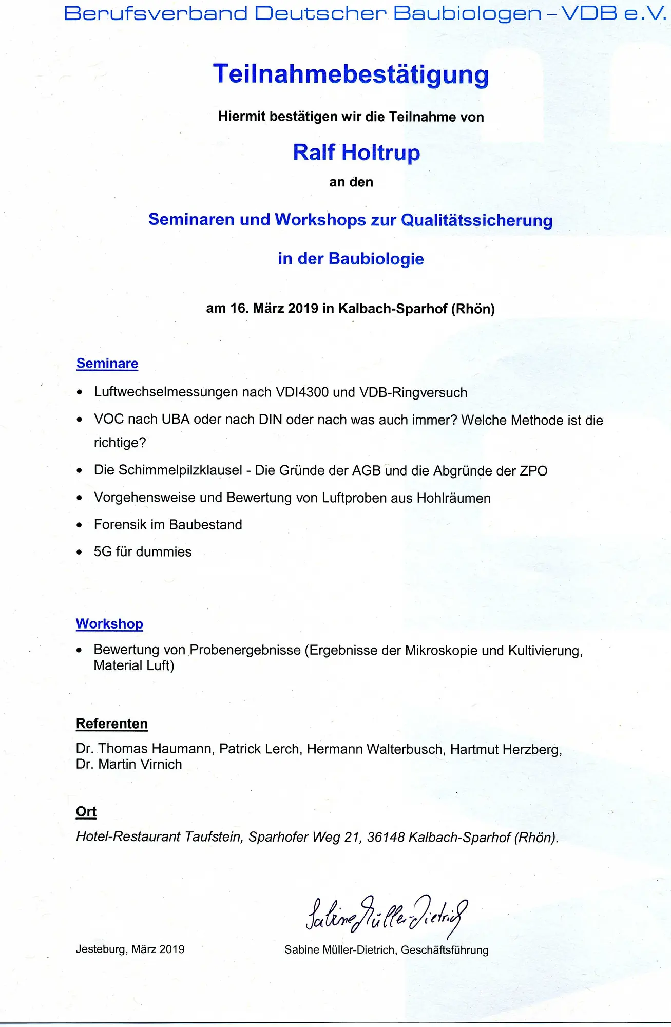 Seminar Qualitätssicherung Baubiologie VDB