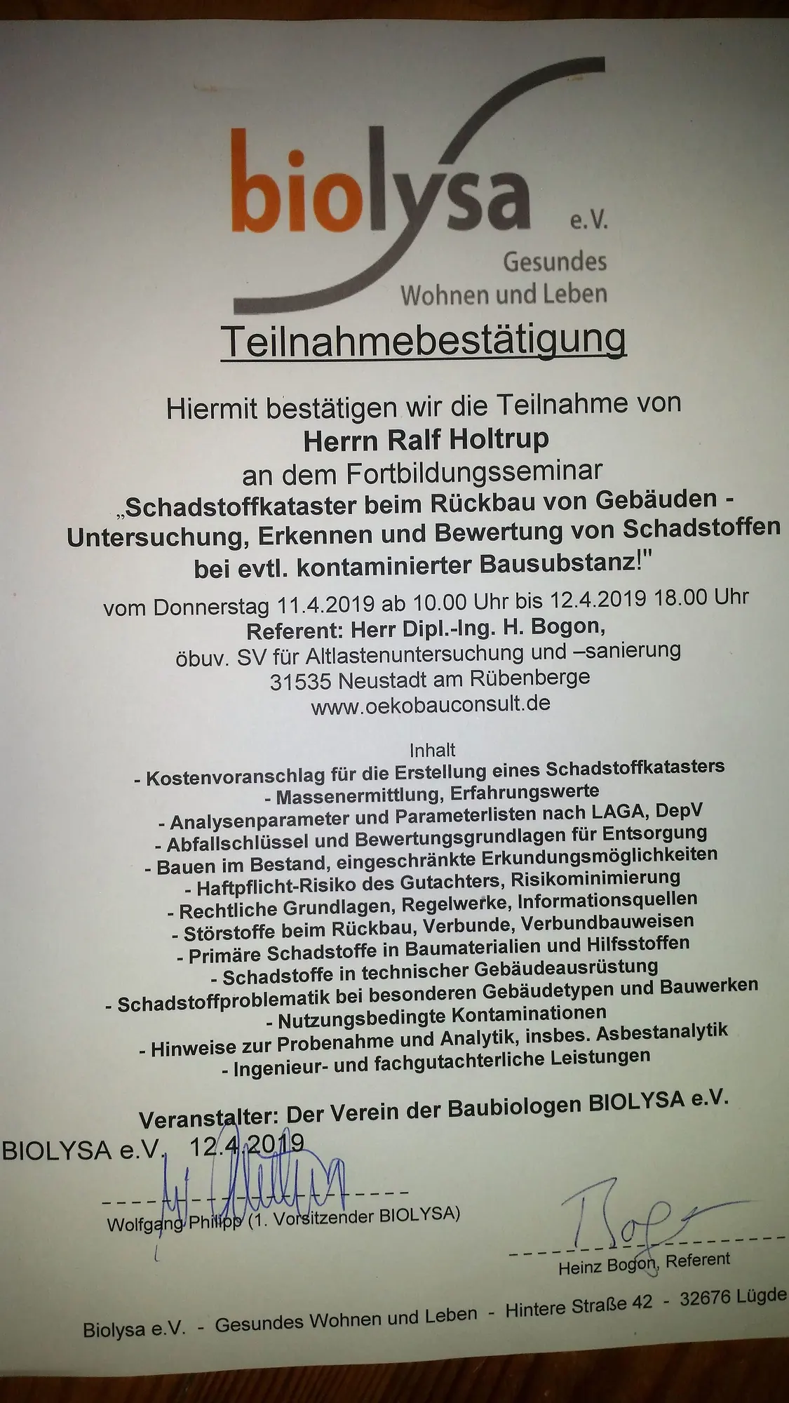 Seminar Schadstoffkataster Gebäudeschadstoffe H Bogon Biolysa
