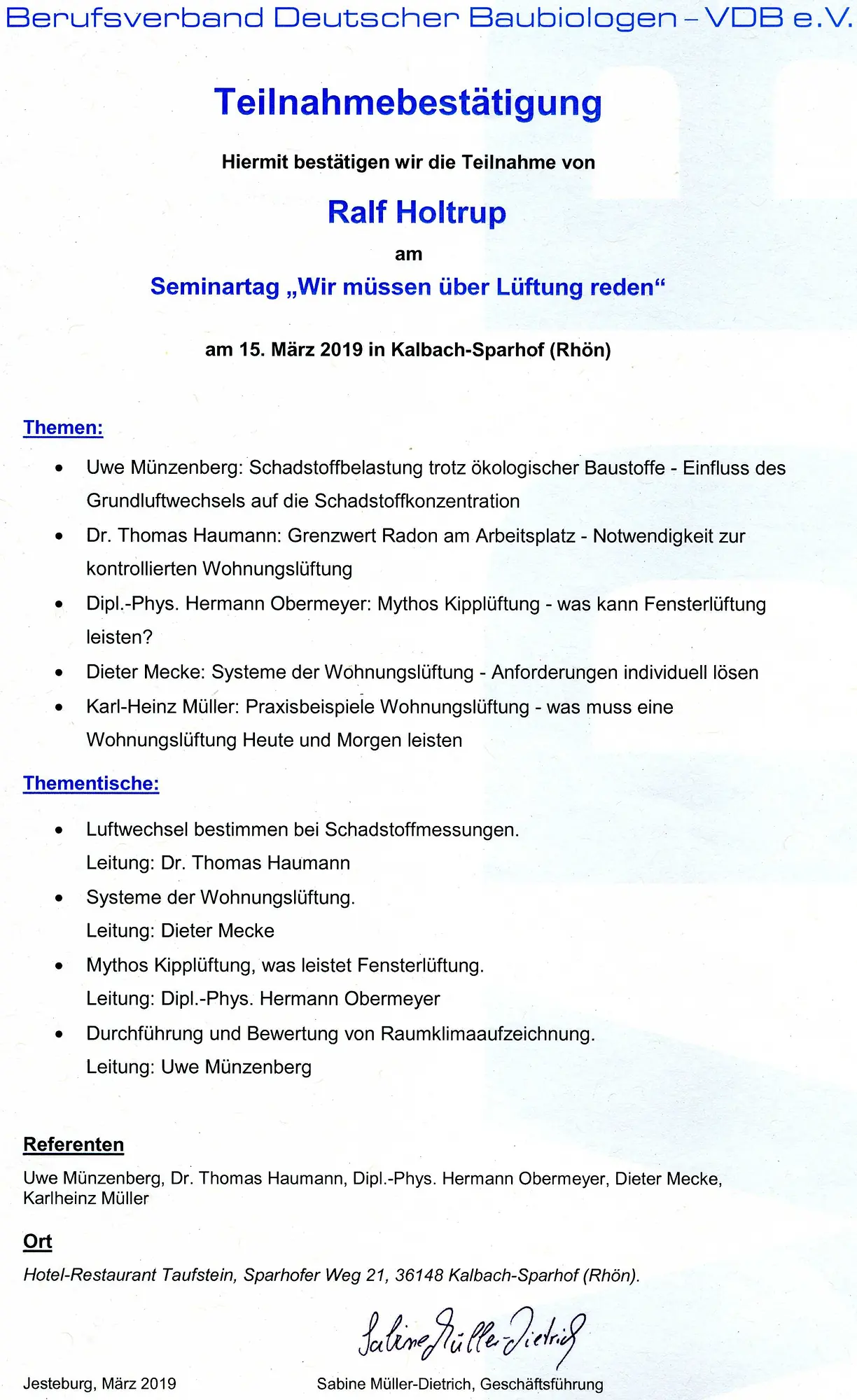 Seminar Wir müssen über Luften Reden Baubiologie VDB