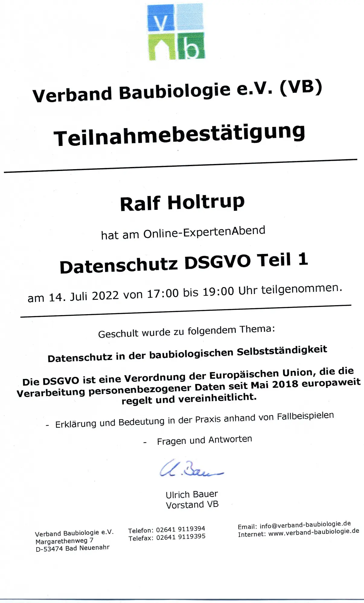 Seminar Datenschutz DSGVO 1 VB