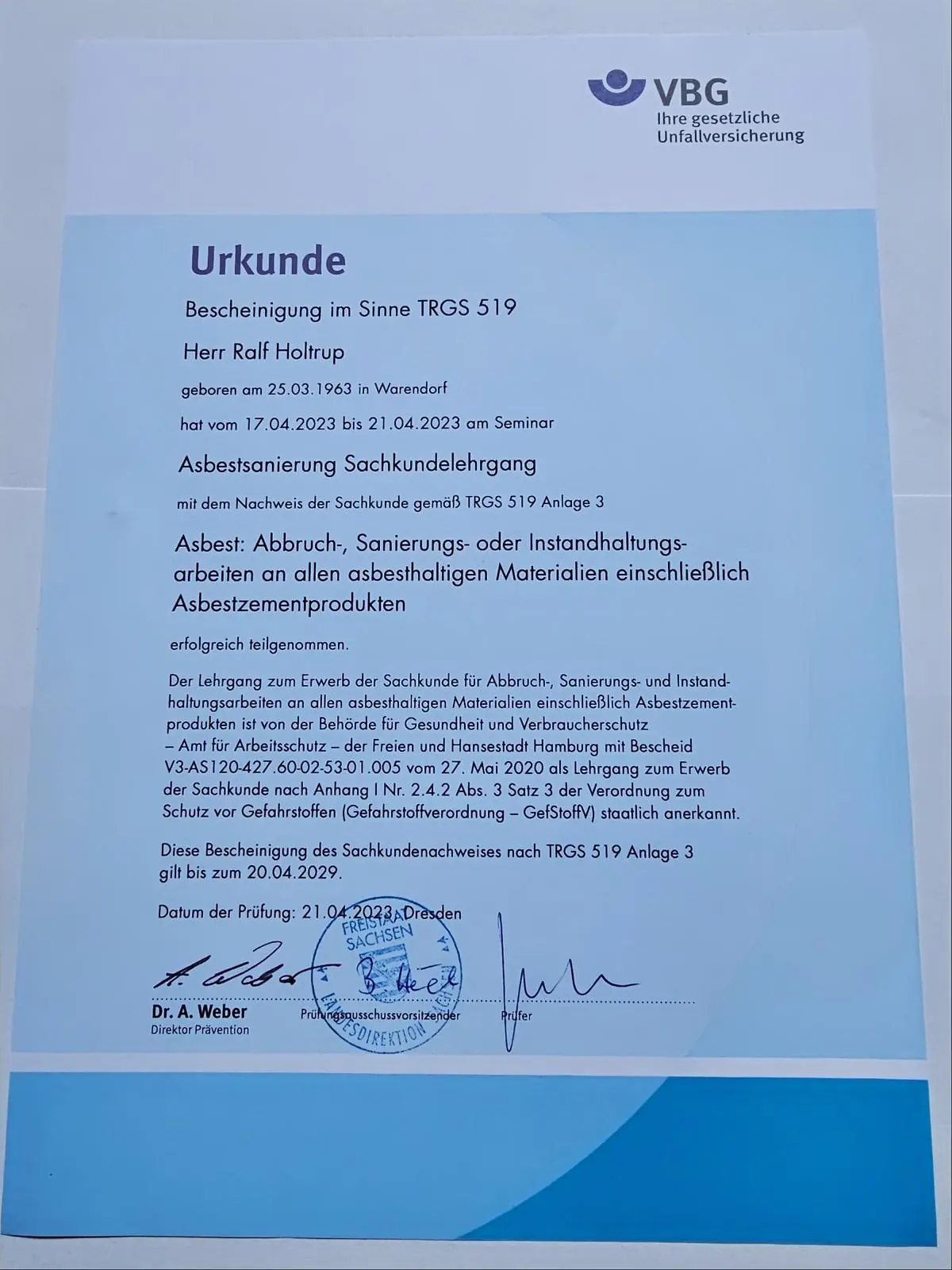Asbest Schein Urkunde Best Sachkundelehrgang VBG