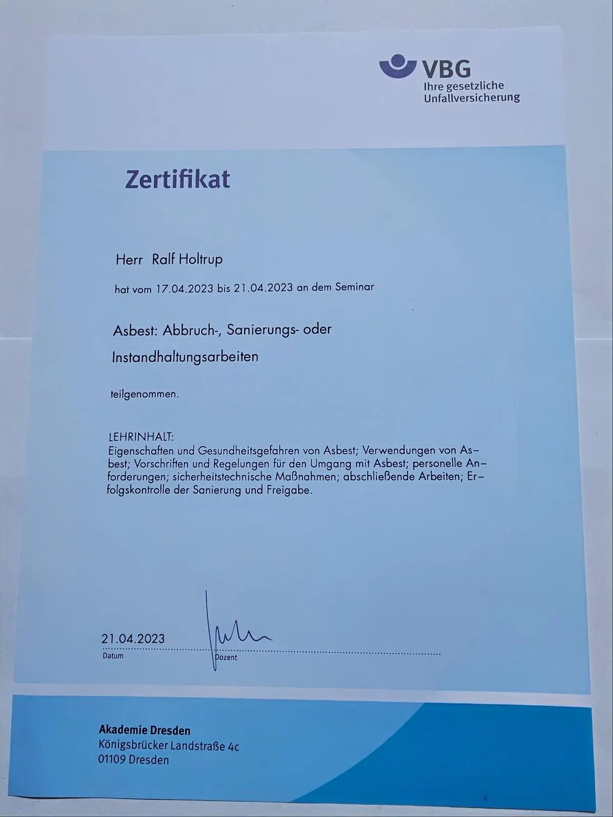 Asbest Zertifikat Teilnahme Sachkundelehrgang VBG