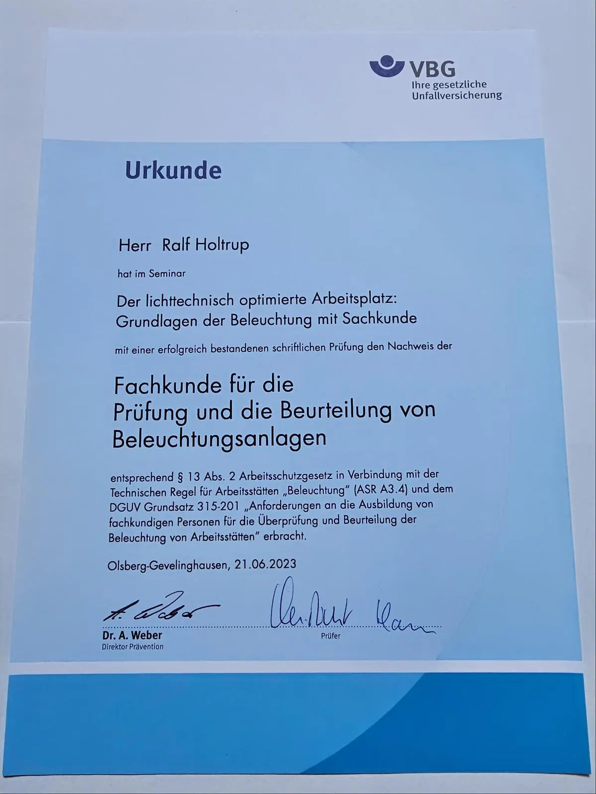 Seminar Fachkunde Beleuchtung VBG