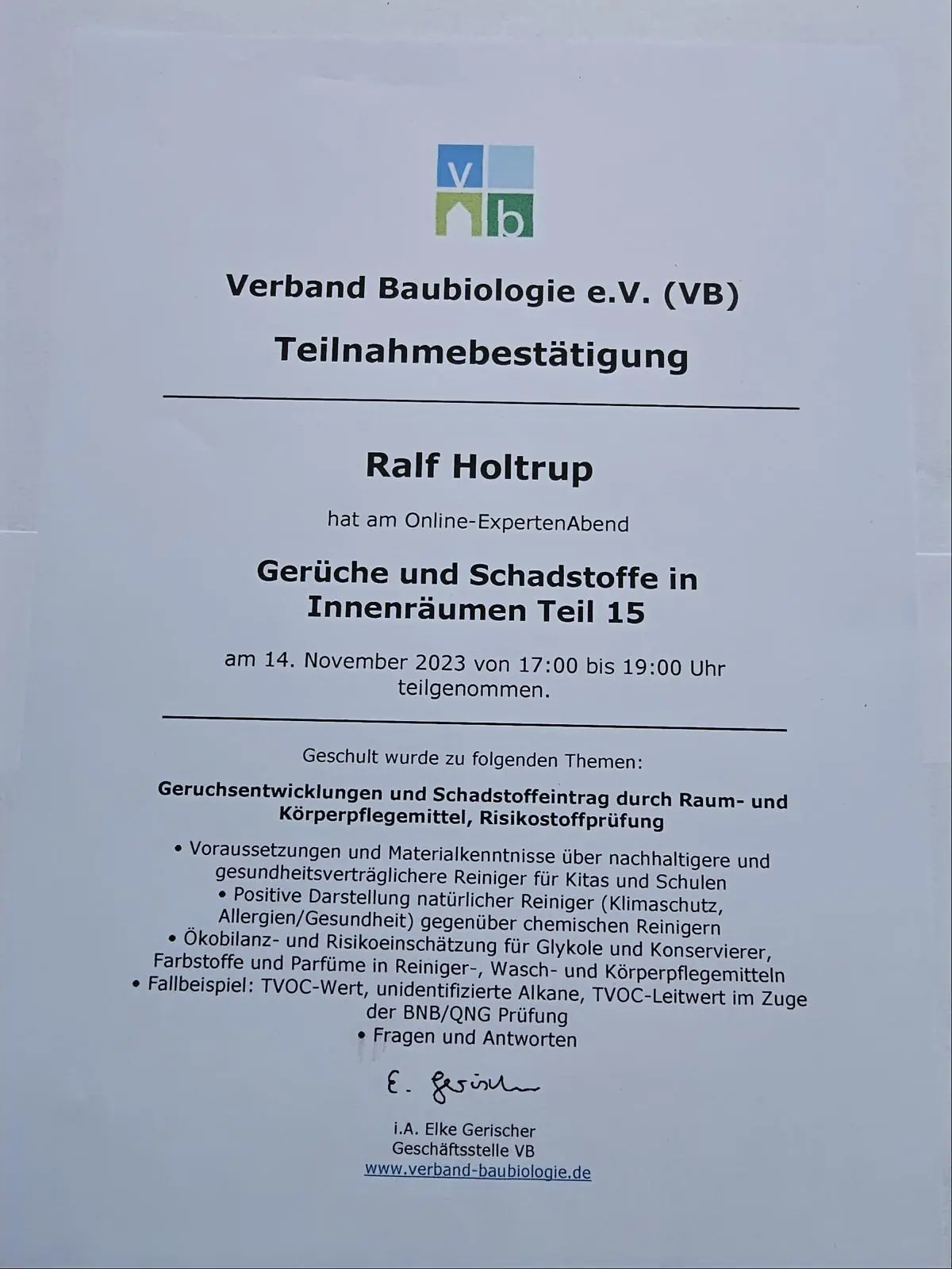 Seminar Geruch Schadstoffe Innenraum Raum Körperpflegemittel VB