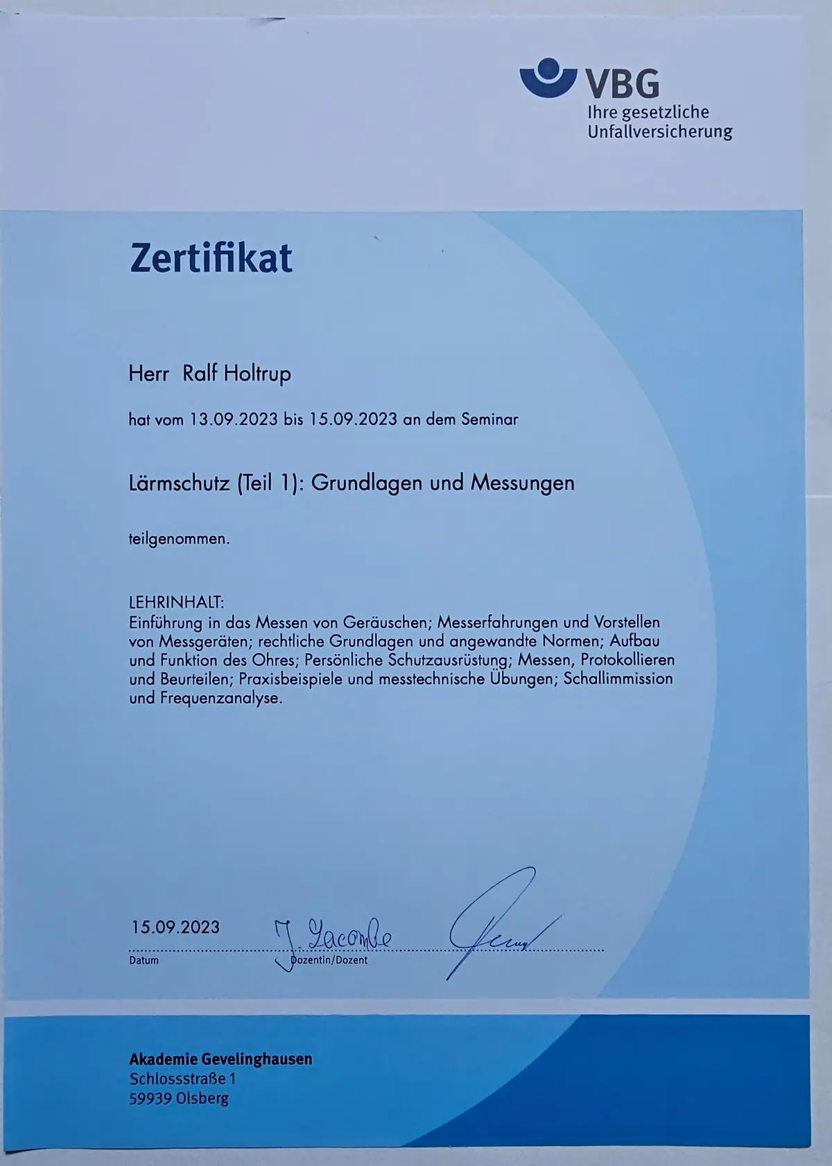 Seminar Lärmschutz VBG