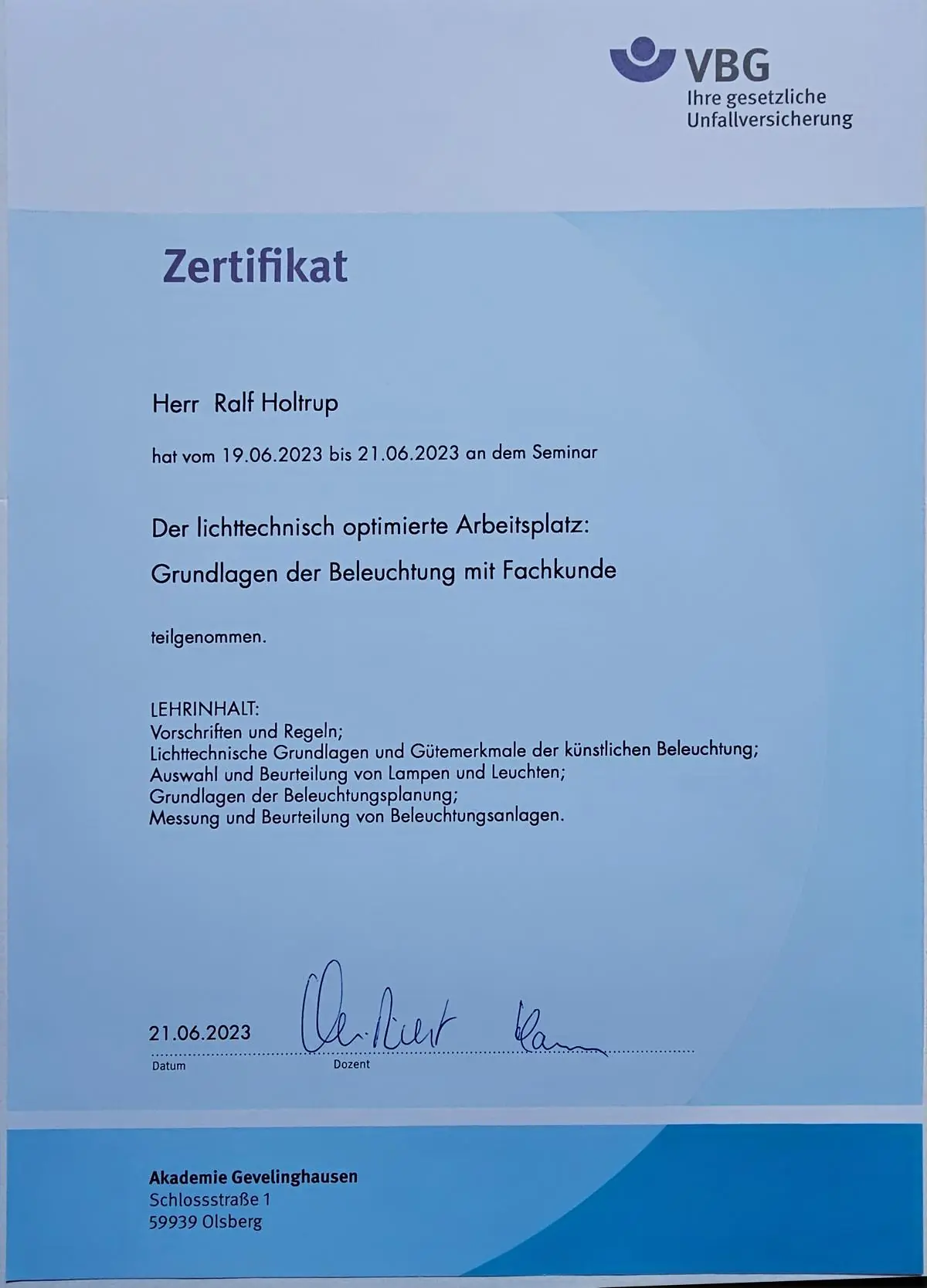 Seminar Lichttechnisch Optimierter Arbeitsplatz VBG