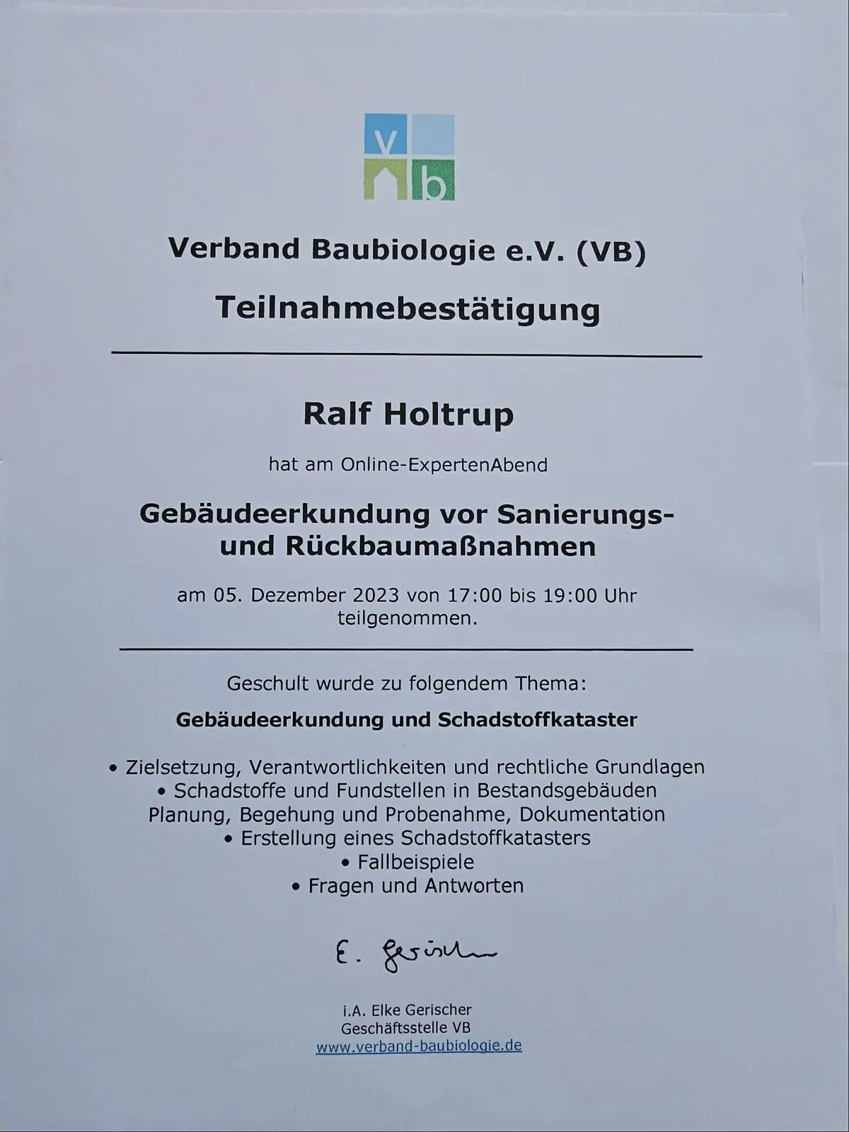 Seminar Schadstoffcheck Schadstoffkataster VB