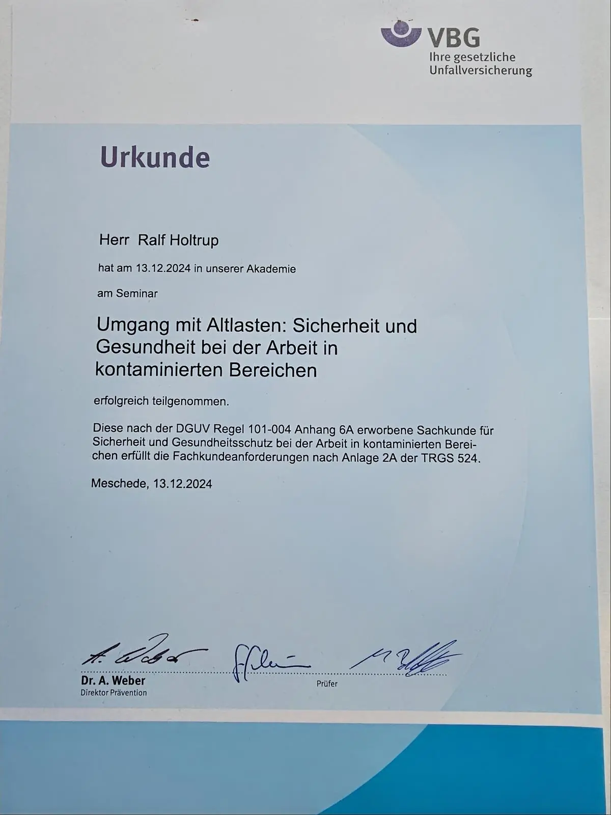 Urkunde Schadstoffseminar TRG524 VBG