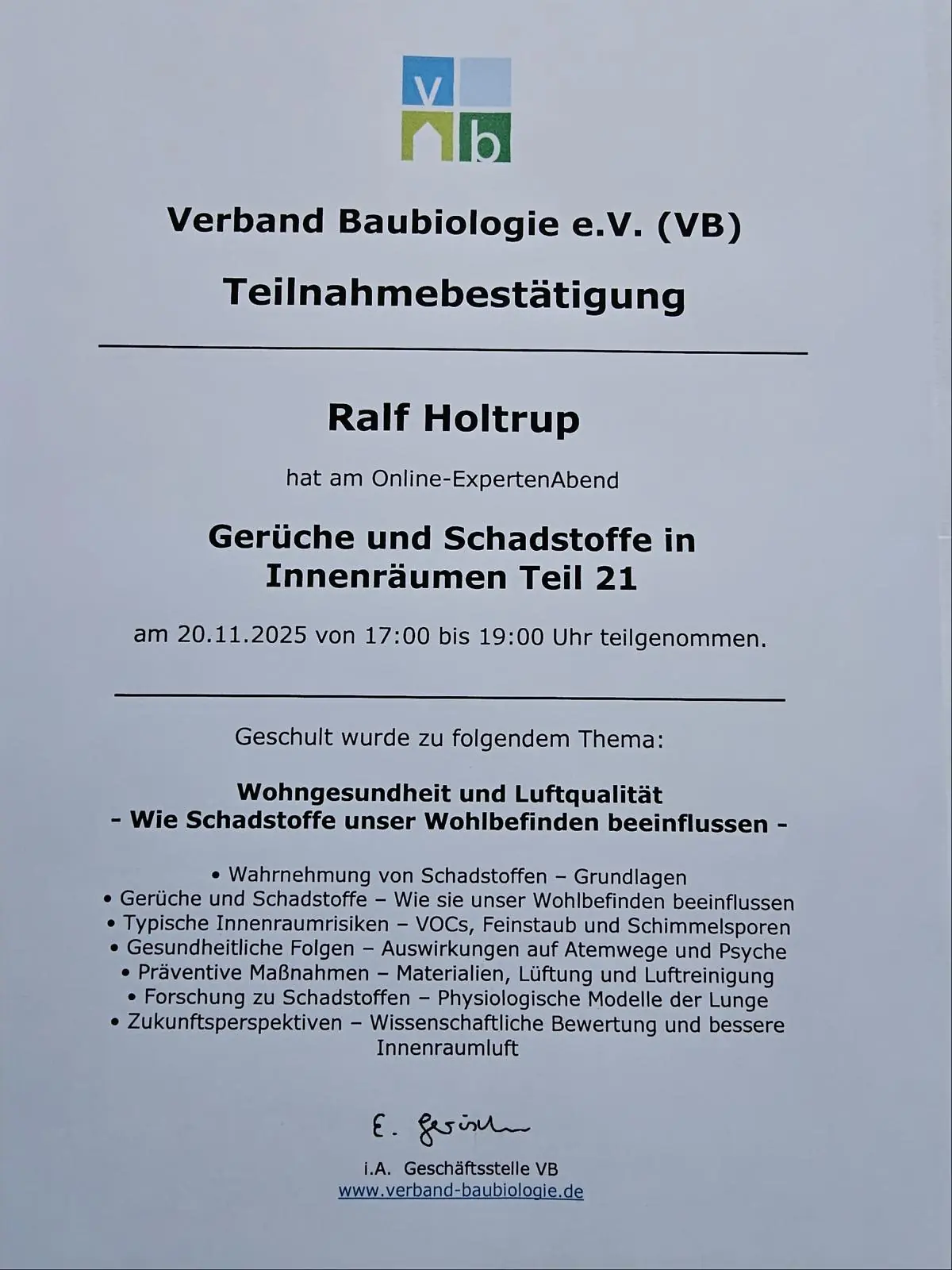 Seminar Geruch Schadstoffe Wohngesundheit VB