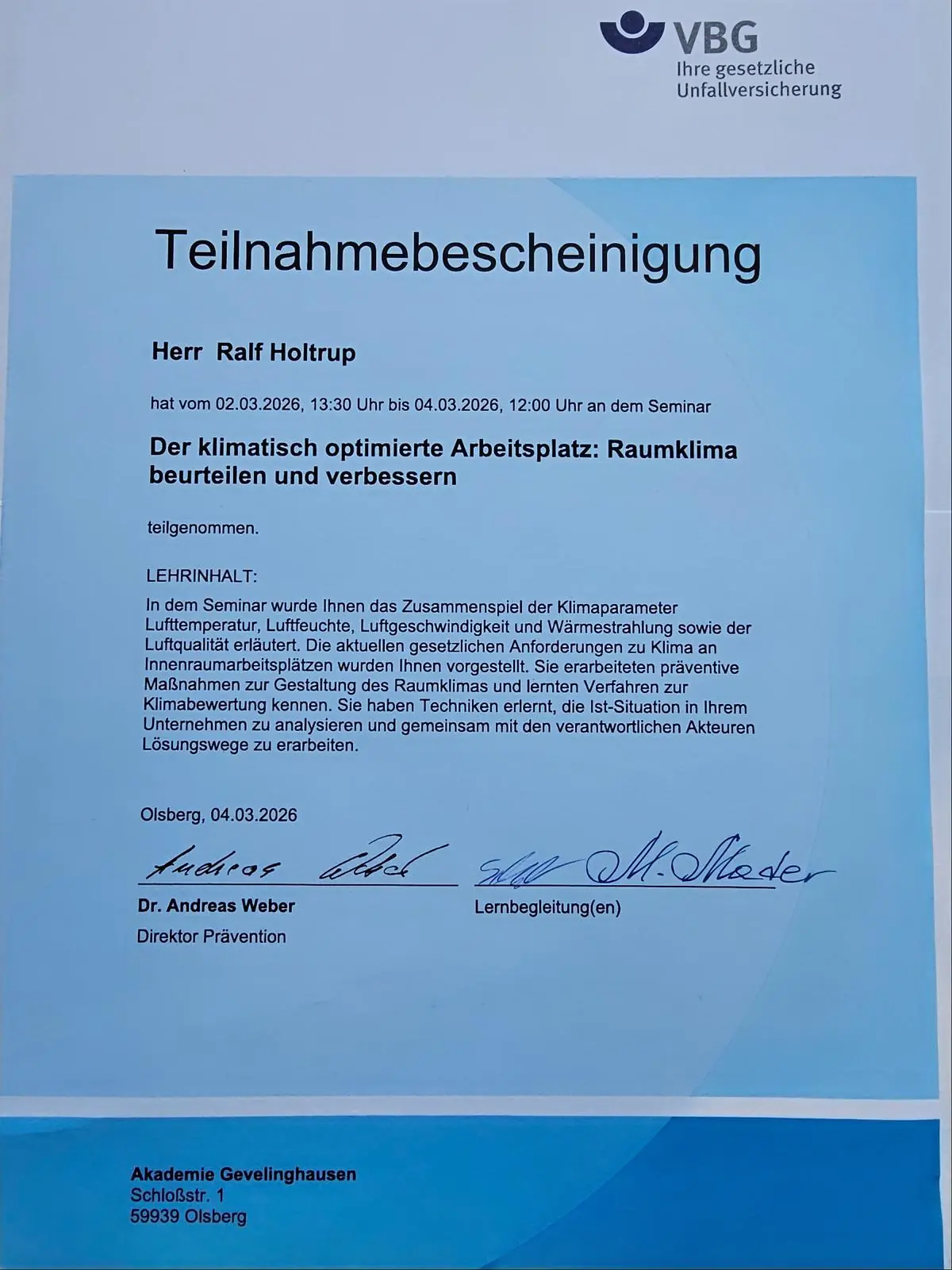 Seminar Raumklima Optimierter Arbeitsplatz VBG